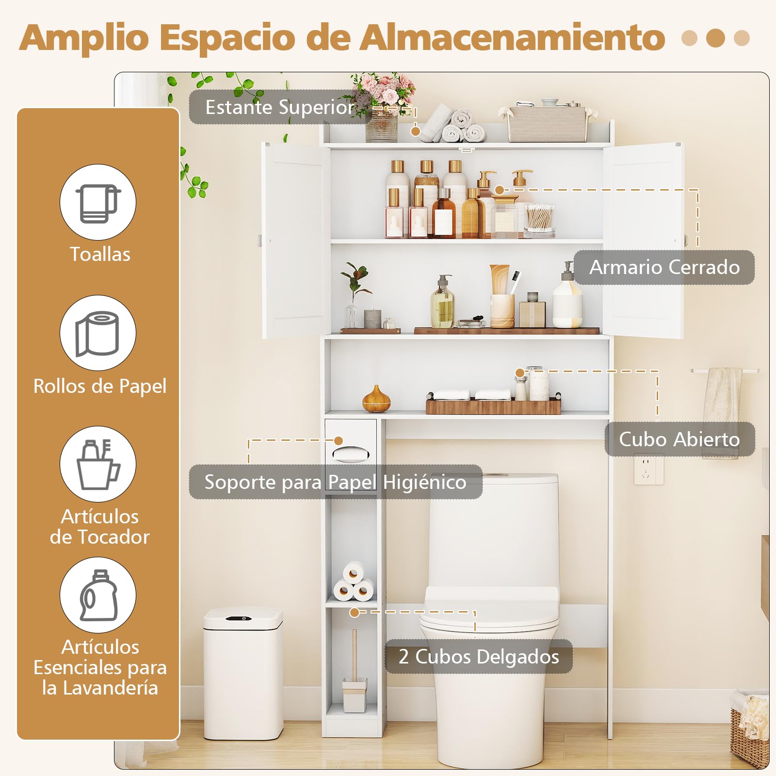 GIANTEX Mueble sobre Inodoro, Armario de Baño con Puertas, Compartimentos Abiertos y Soporte para Papel Higiénico, Estante Inferior Ajustable, 81,5x19,5x172,5cm, Organizador para Lavandería (Blanco)