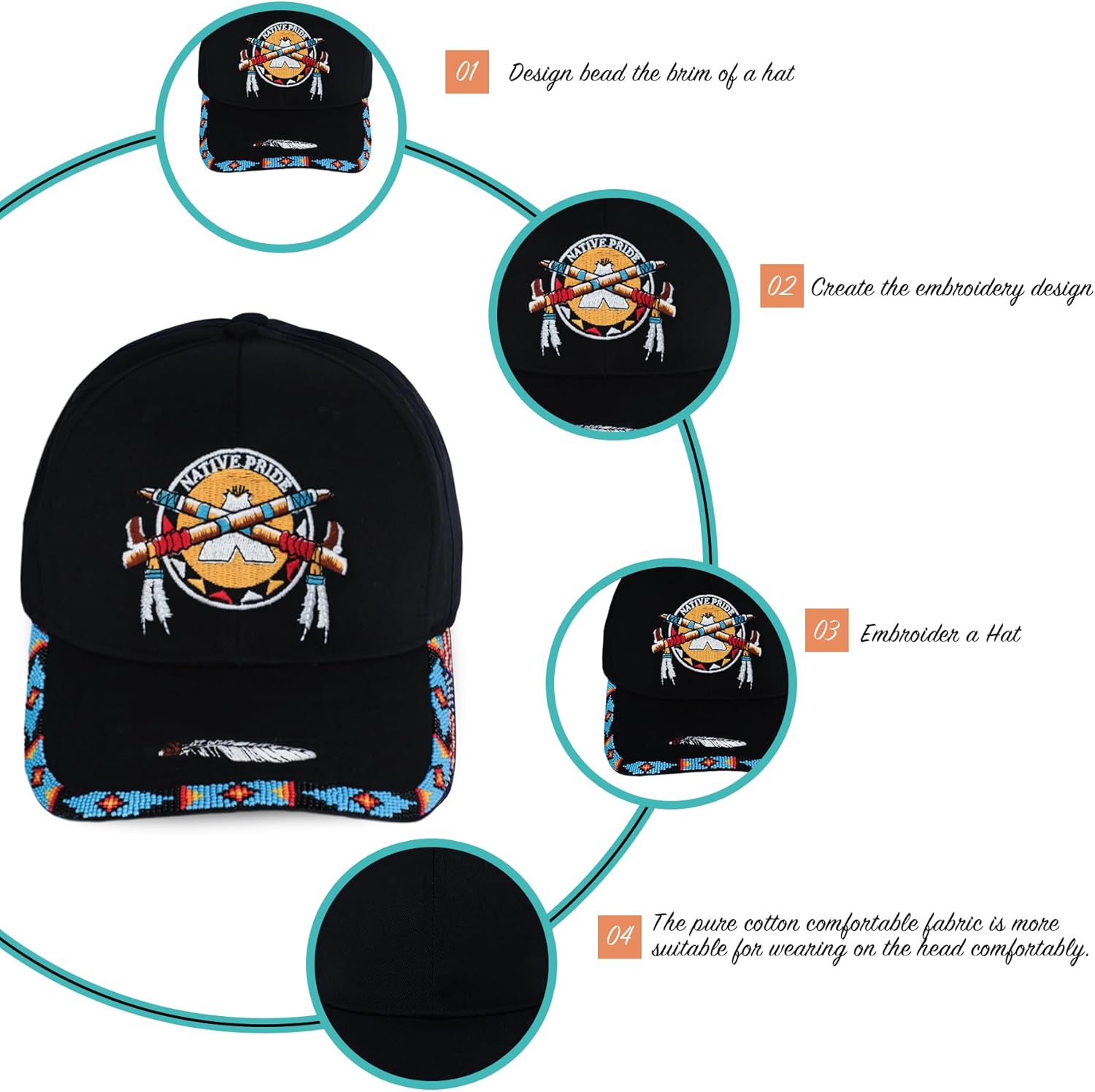 Native American Baseball Cap with Embroidered Design and Handmade Beaded Brim, 3D Beaded Hat Gift for Mom or Dad