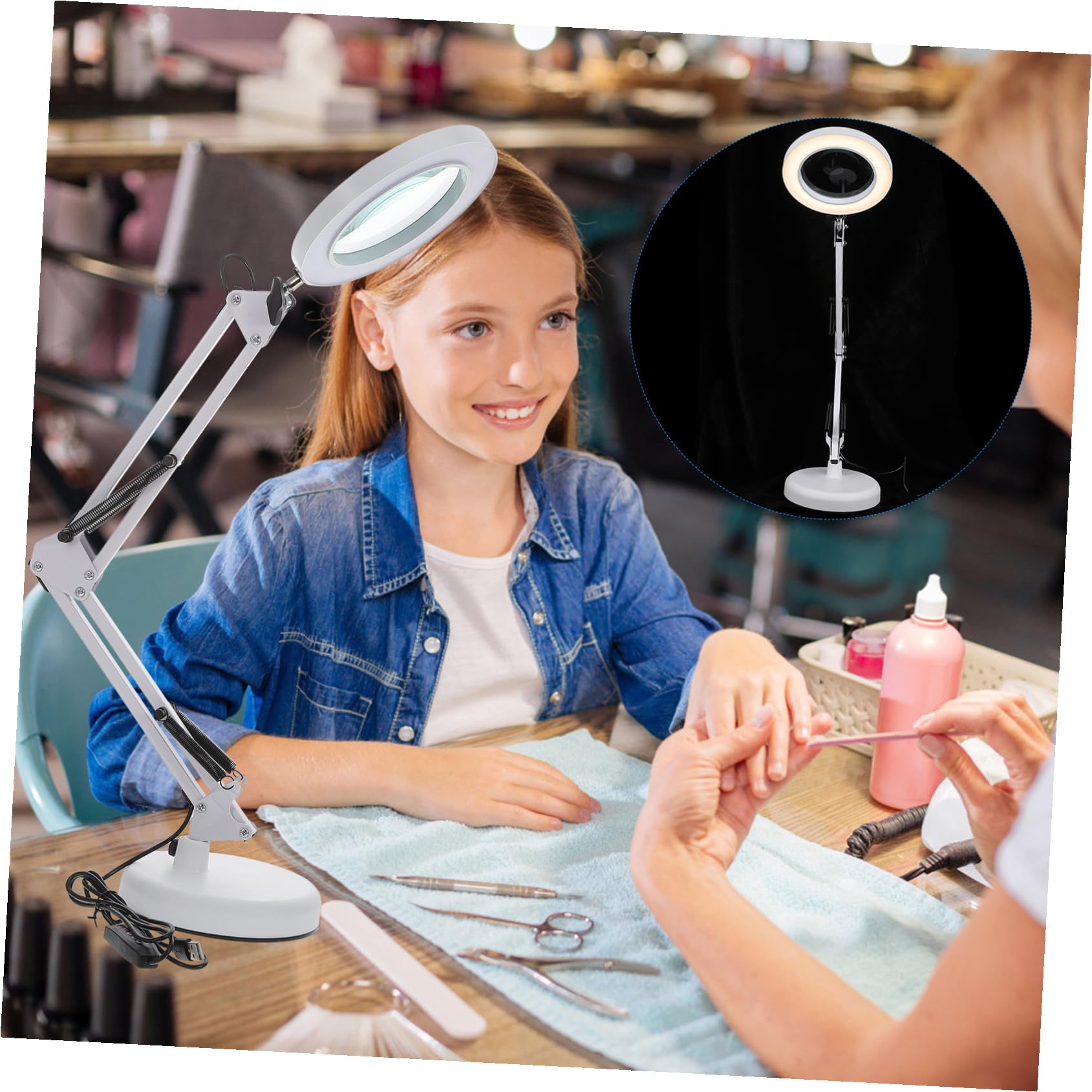 Toddmomy Lampada Lente di Ingrandimento LED 5x Braccio Regolabile a Molla e Illuminazione Multiangolo per Manicure, Trucco e Ricamo Morsetto da Scrivania e Alimentazione USB