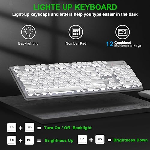 Miniatura 5 de BlueFinger Teclado y mouse inalámbricos con pantalla de alimentación, Blacklit recargable, de tamaño completo, con luz silenciosa, teclado para