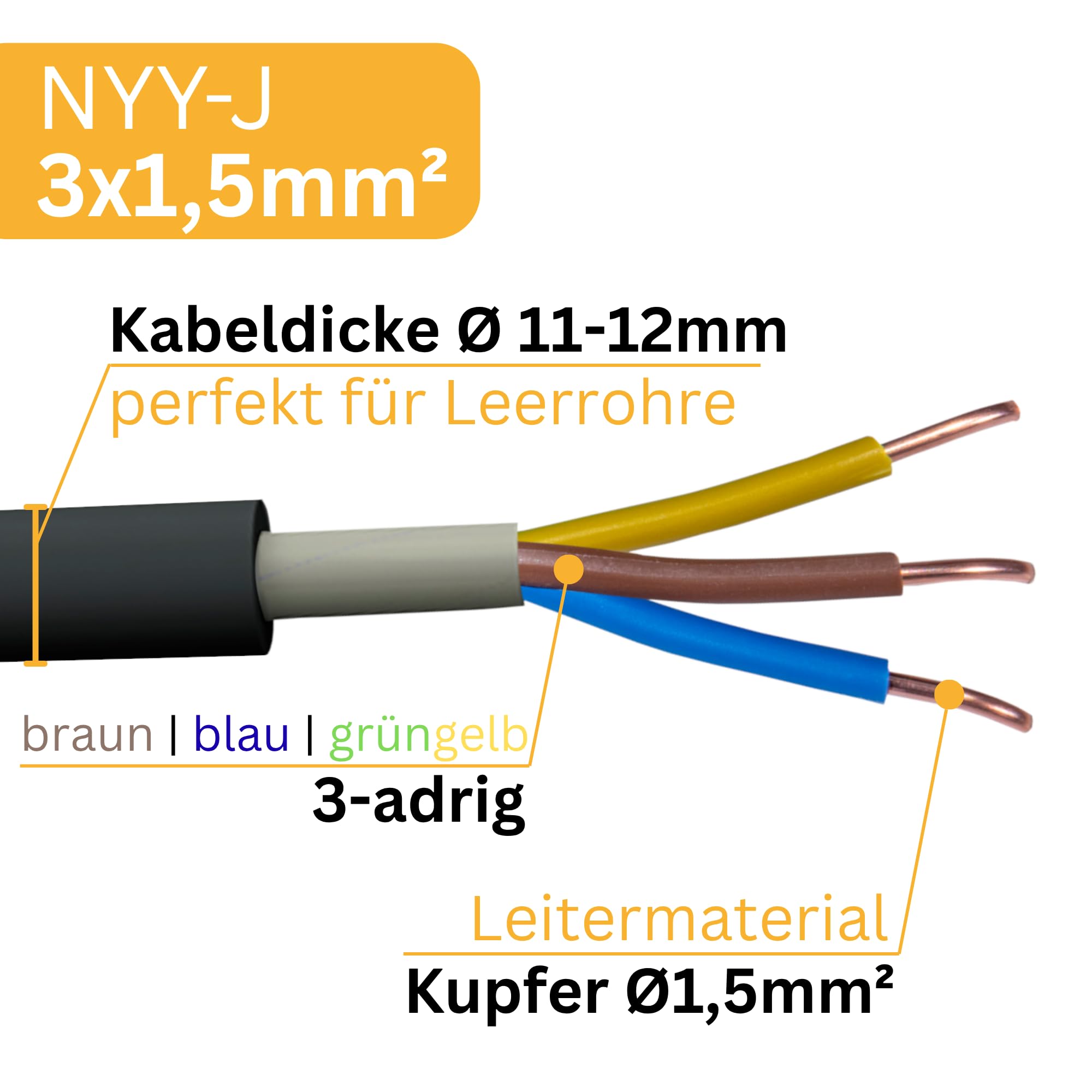 NYY-J 3x1,5mm² 15m Erdkabel Länge am Stück | Elektrokabel Ring für Verlegung im Erdreich & Außenbereich | Kupfer Eindrähtig DIN VDE 0276 Teil 603/627 | Deutsche Markenhersteller