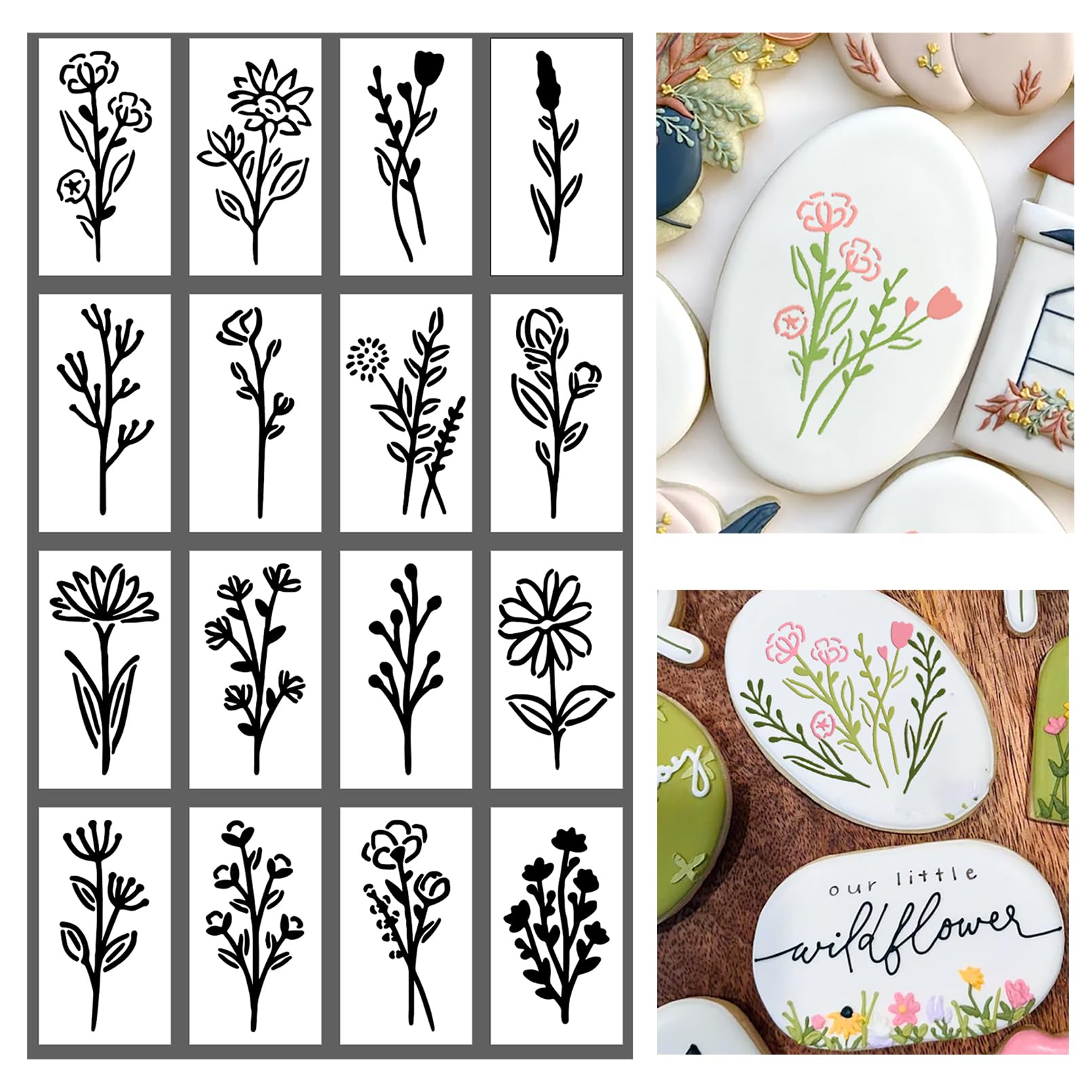 16Pcs Scroll Tile Small Wildflower Flower Cookie Stencils for Baking, Royal Icing, Sugar Cookie, Art Cards Decorating Tools ?