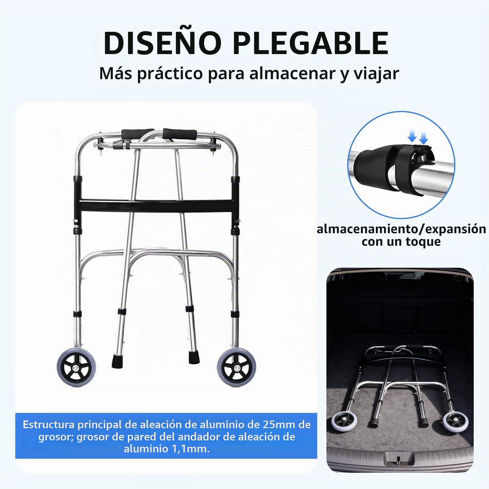 Andador plegable con ruedas, marco de pasamanos, andador plegable ligero para ancianos, altura ajustable de 8 niveles para personas mayores, rueda delantera, hasta 390 libras