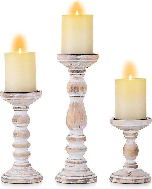Inweder Wooden Candle Holders Pillar - 3Pcs Wood Candlestick Holders Rustic Pillar Candle Holder Set Distressed White Shabby Chic Tealight Holders for Wedding Centrepieces Farmhouse Home Room Decor