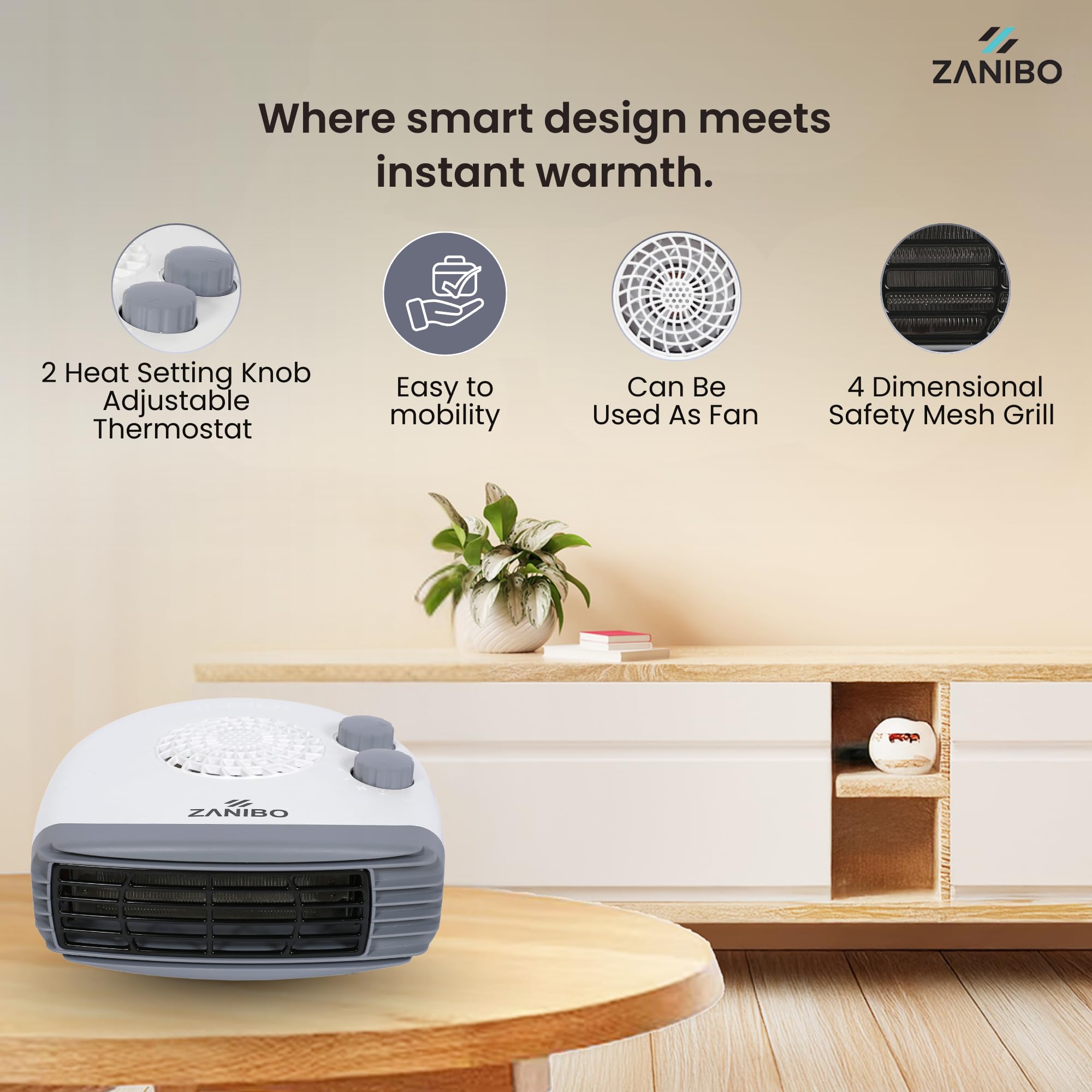 Zanibo | Since 1997 | 2000 Watt Portable Electric Room Fan Heater with 2 Heating Settings (1000/2000W) | Adjustable Thermostat, Overheat Protection | Fast Heating for Office (ZEH-1160) 3