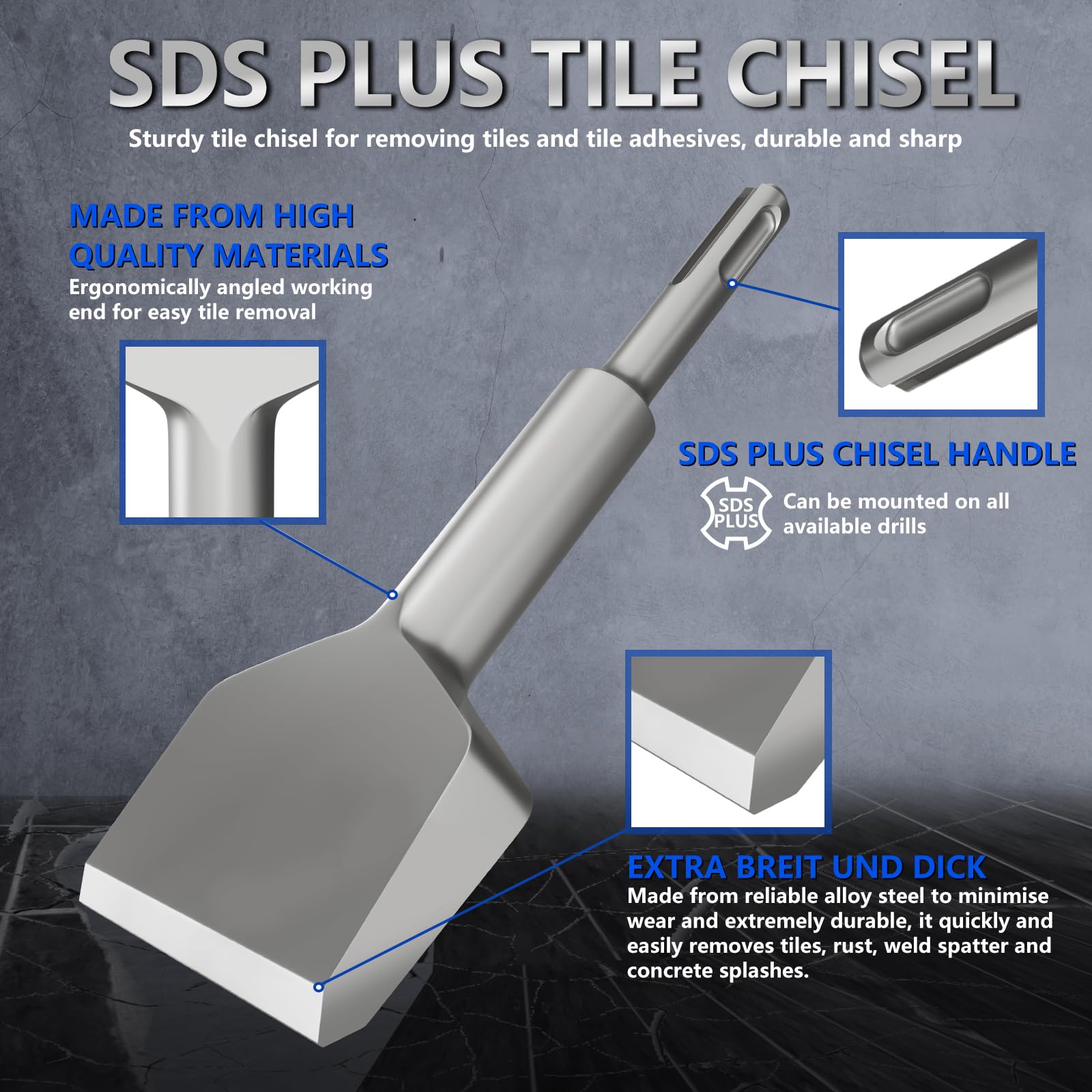 Ensemble de ciseaux de 75 mm et 110 mm avec tiges SDS Plus, kit d'outils en acier 40Cr comprenant 4 lames de rechange et un étui de rangement de qualité supérieure pour carrelage, béton, maçonnerie et