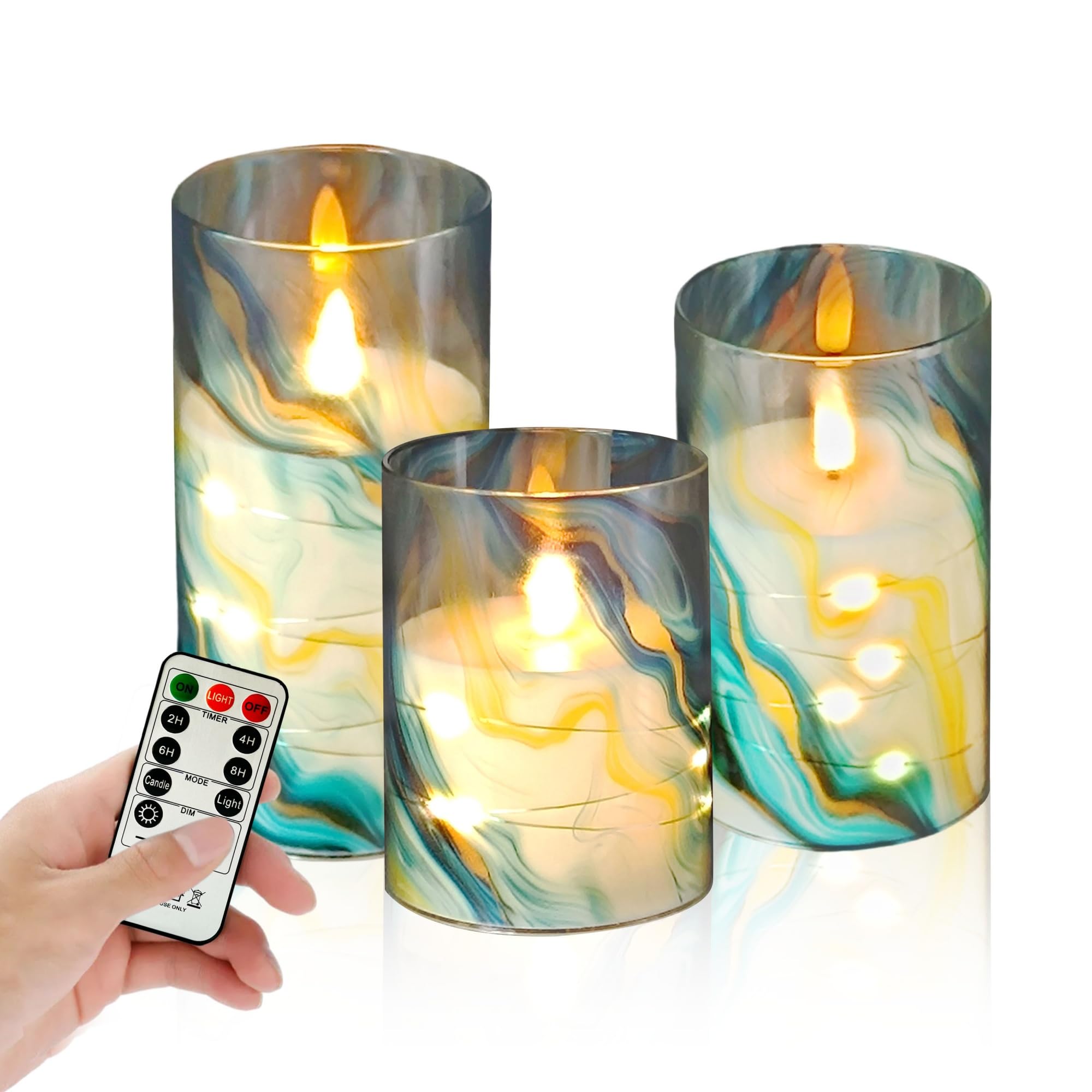 Printed Flameless Candles with String Lights - Set of 3 Battery Operated Candle Flickering Floral LED Pillar Candles with Timer Remote for Home Decor Romantic Ambiance,BG