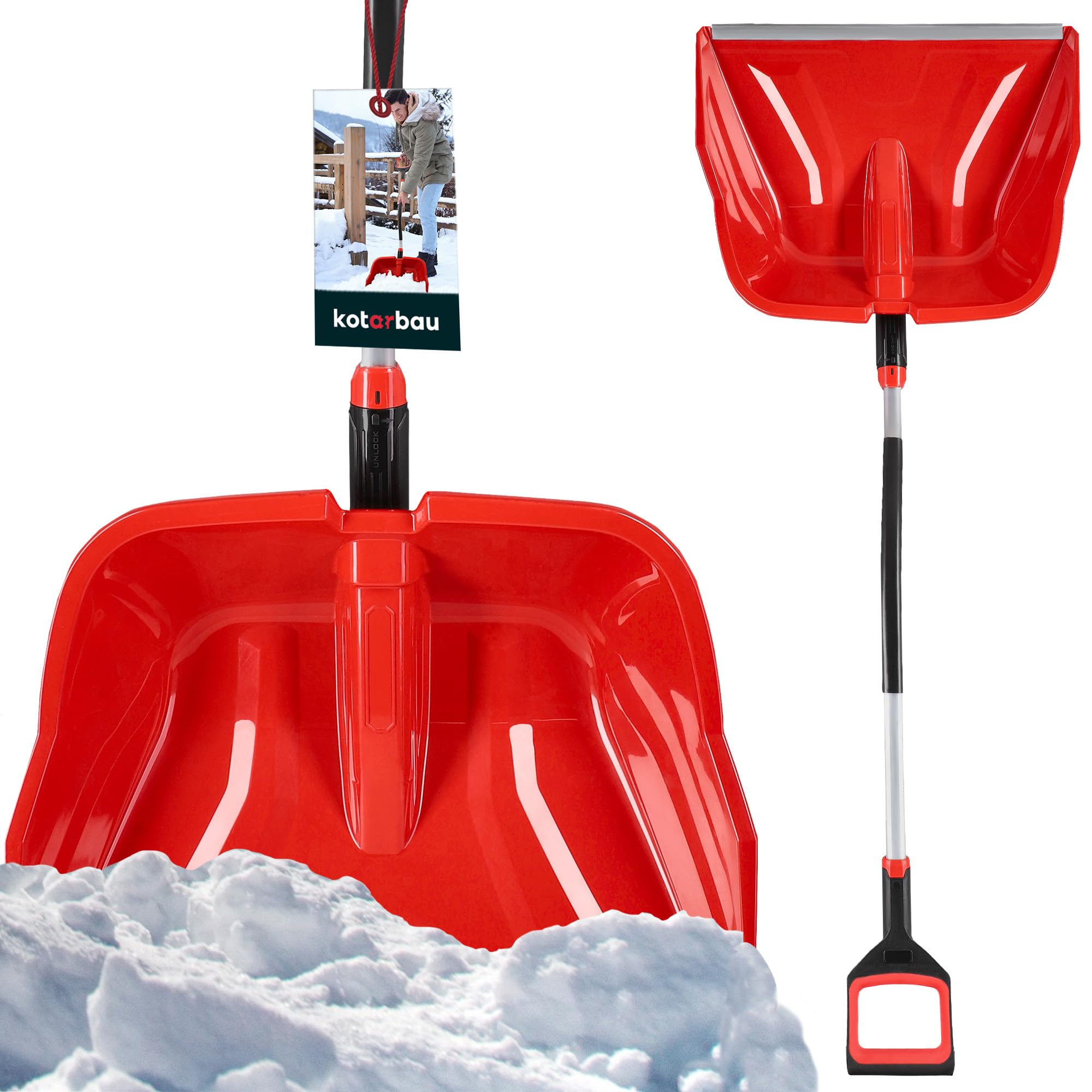 KOTARBAU® Pala da neve in plastica, 40 x 50 cm, con manico ergonomico, 144 cm, colore rosso, con attacco in alluminio, per la neve