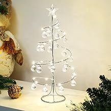 Lewondr Christmas Table Lamp, 33.5 cm Mini Christmas Tree with LED Lighting, Acrylic Balls & Star, Spiral Christmas Tree Battery Operated / USB Operated Christmas Light New Year Indoor, Silver