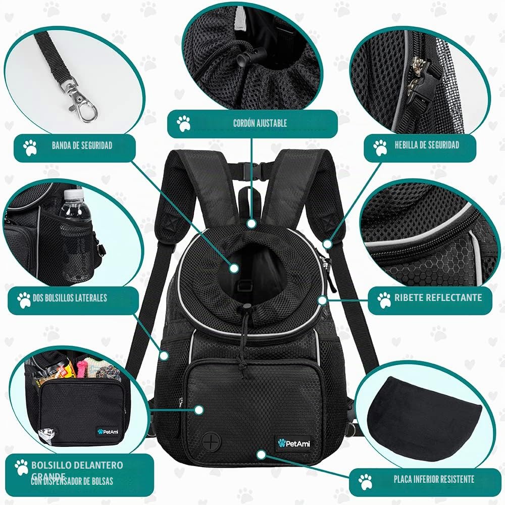 PetAmi Mochila de Transporte Frontal para Perros y Gatos, transportador de Pecho de Mascotas Ajustable con ventilación para Senderismo, Camping, Viajes, Perro pequeño y Mediano, Cachorro, Grande