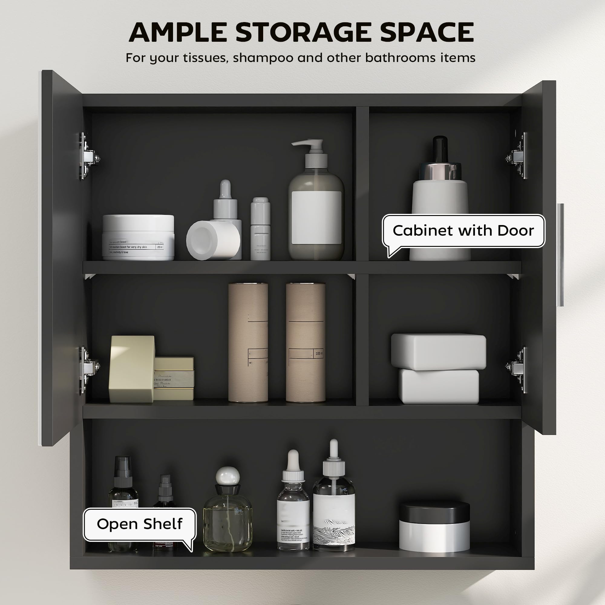 kleankin Espejo de baño con estantes ajustables 54x15.2x55.3cm Negro | Armario espejo de baño con almacenamiento, 2 puertas, estante abierto, madera y vidrio.
