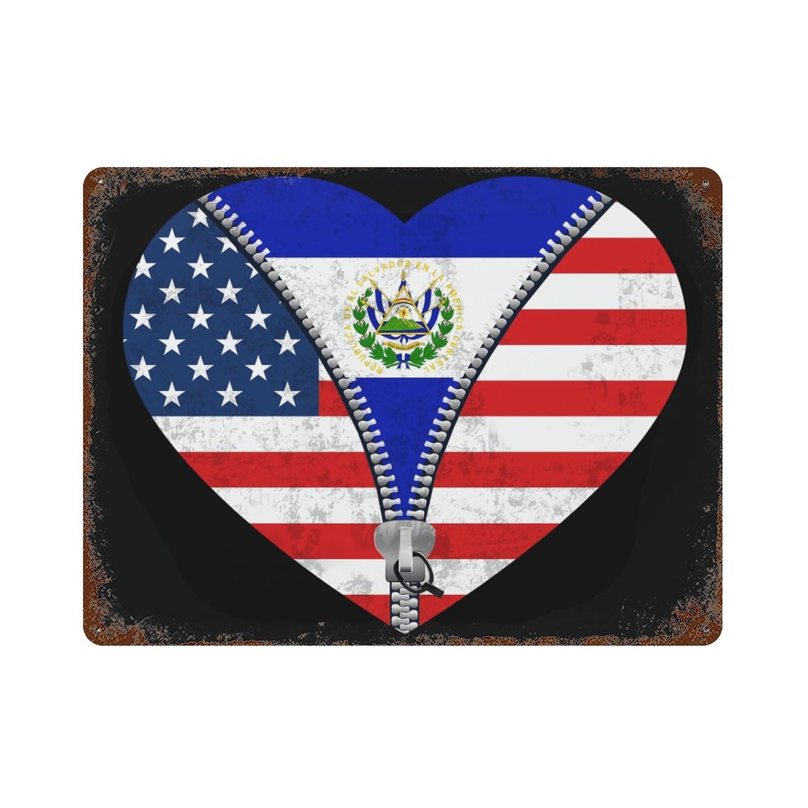 KWQDOZF Heart America Flag And El Salvadorean Flag Theme Metal Tin Sign,Vintage Iron Hanging Plate Horizontal with Rust Poster Wall Decor 12x16inch