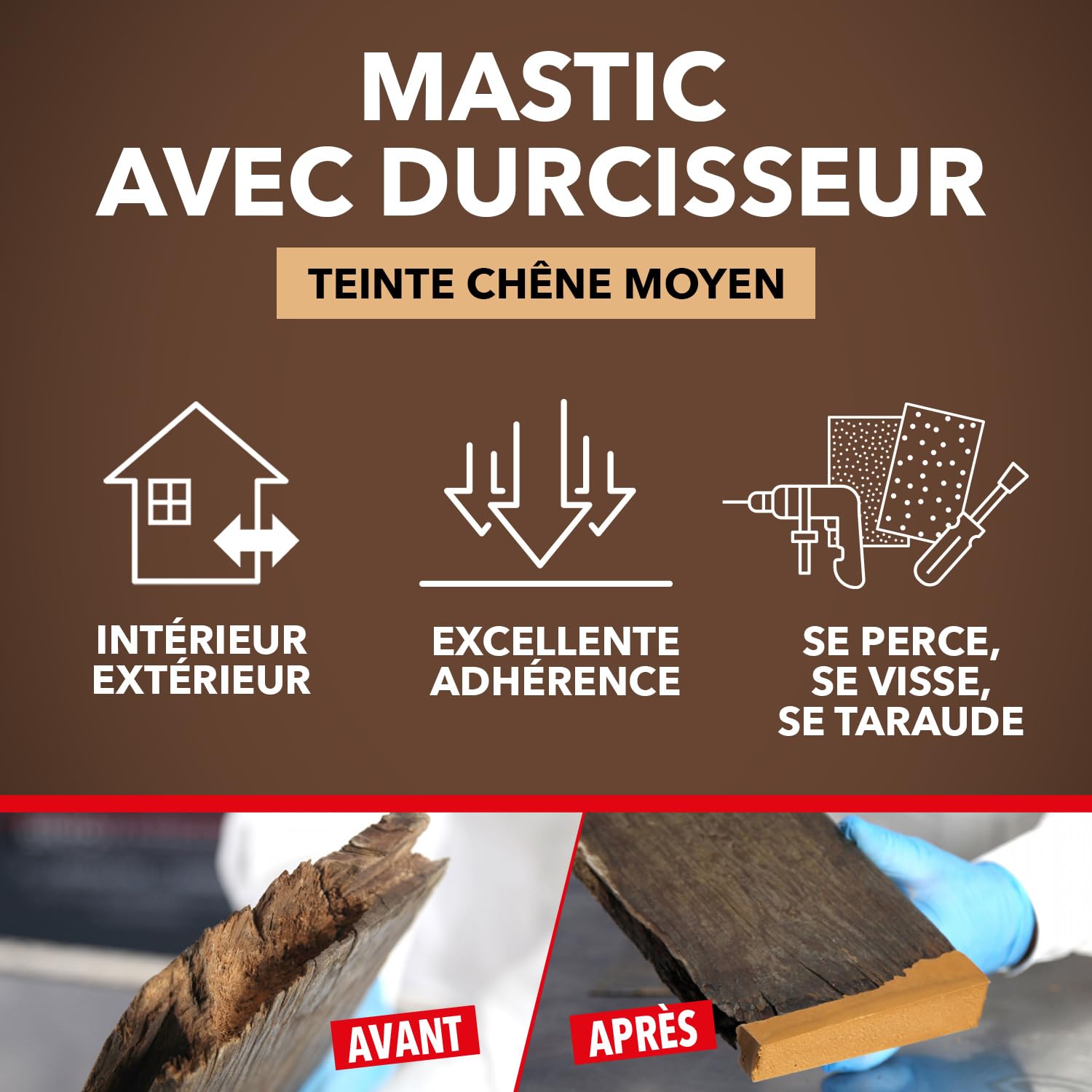 SINTO Mastic reconstitue bois charges lourdes chêne moyen 170ml | Résistant aux chocs et poids importants, sec en 20 min, répare charnières gonds volets et portes, intérieur et extérieur