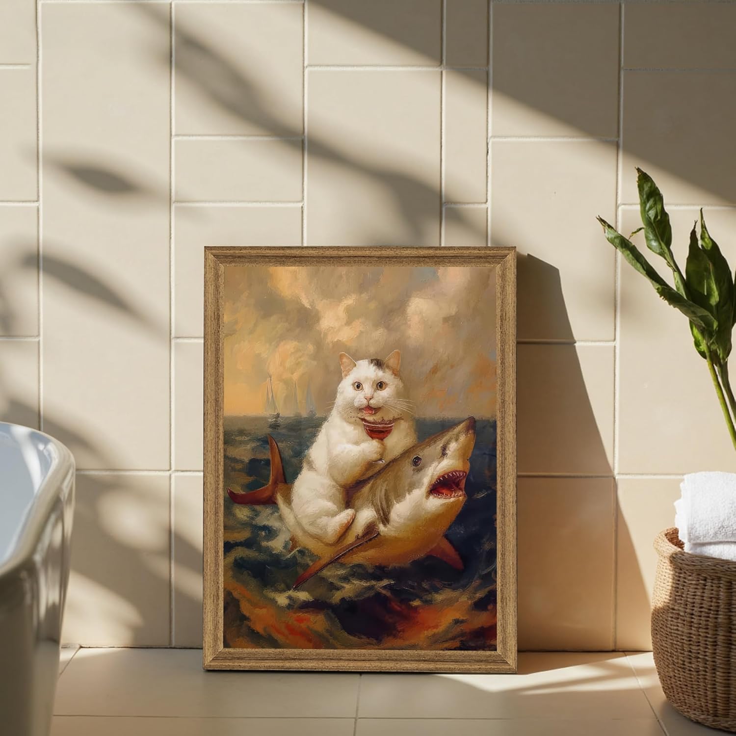 ICHZUMW Funny Cat Riding Shark Canvas Wall Art Framed, Quirky White Cat Portrait Picture Print, Humorous Unique Whimsical Animal Painting Wall Decor for Bathroom Restroom Living Room Bedroom, 16x24in
