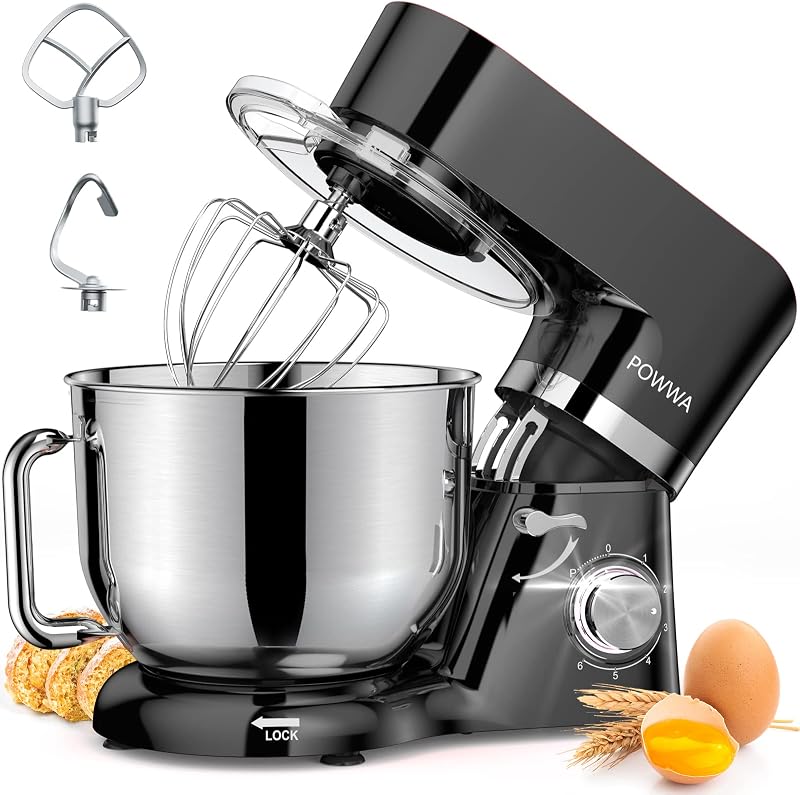 POWWA Konyhai Robotgép 5,5L 1500W Dagasztógép 6+1 Sebességfokozat Habverő Dagasztóhorog Fekete Multifunkciós Mixer
