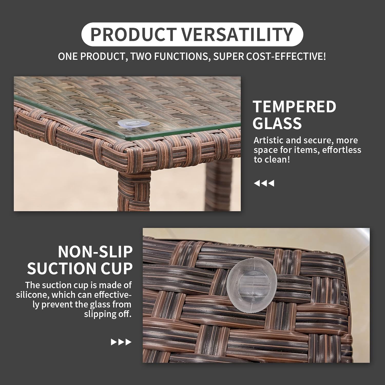 Outdoor PE Wicker Side Table Set of 2 Patio Rattan Garden Coffee End Square Table with Glass Top 2-Layer Table Furniture (Brown)