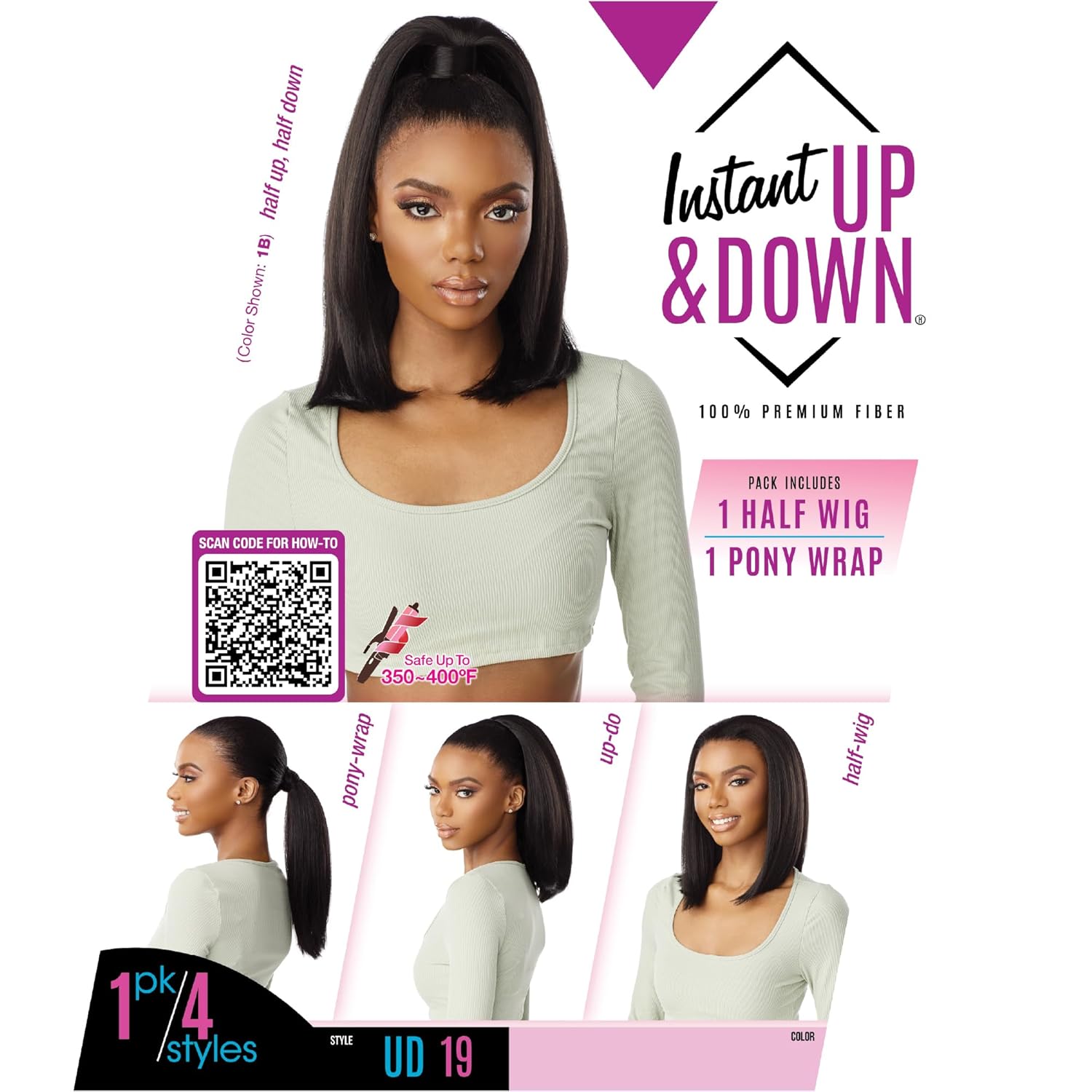 Sensationnel Instant Updown Halfwig Pony - Iud 19 4 Style in 1 Half Wig And Pony Drawstring (1B OFFBLACK)