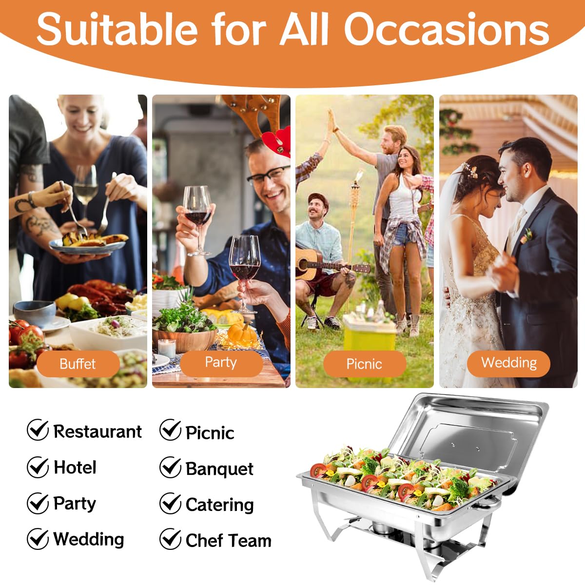Scaldavivande per Buffet in Acciaio Inox, 9L Chafing Dish Catering Buffet Set con Pinze e Cucchiai per Party, Feste, Matrimoni, Banchetti (4 pezzi, 4 x GN 1/1)