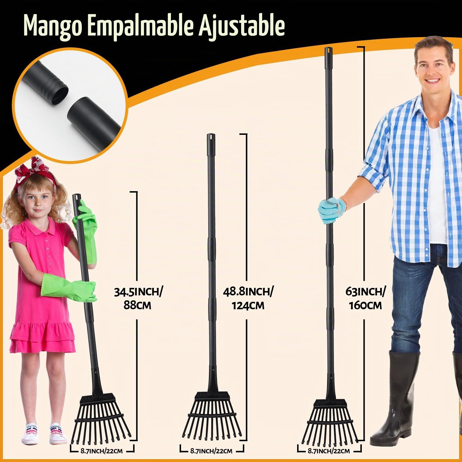Rastrillo de Jardin pequeño con Mango Ajustable de 160 cm, rastrillo de Mano de Metal Resistente de 11 púas rastrillo de Hojas de jardín para Recoger Hojas, arbustos, matas