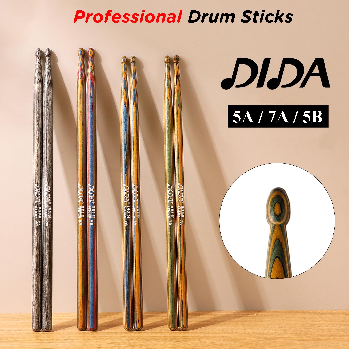 Baquetas para tambor, baquetas de madera, peso y tono constantes, duraderas y baquetas para batería electrónica de jazz, baqueta para profesionales, principiantes (negro y amarillo, 5B)