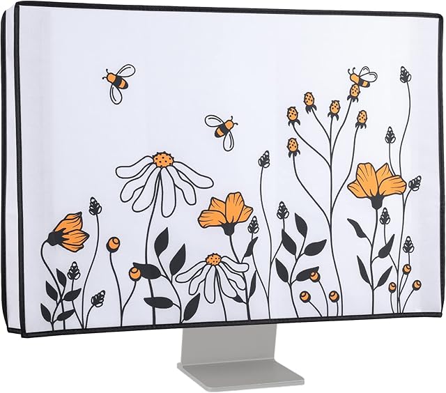 kwmobile Computer Monitor Cover Compatible with 27-28" monitor - Bees and Flowers Black/Orange/White