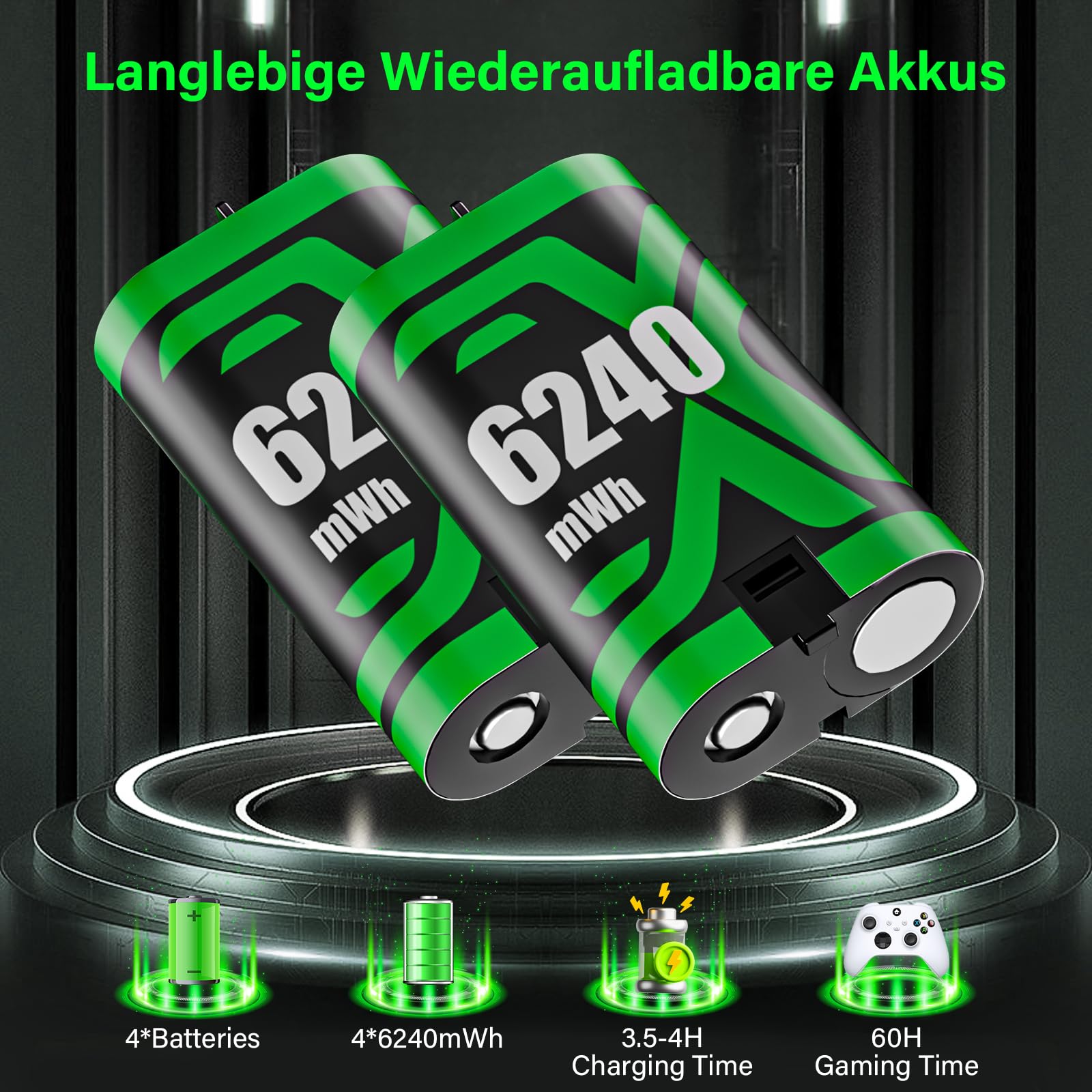 ZRZLMVP Xbox-Controller-Akku, 4 x 6240mWh Akku für Xbox One/One S/One X/One Elite/Xbox Series X|S Controller, Xbox Akku Pack mit Ladestation Zubehör- Wiederaufladbar, 3.5 Std Schnelllade, 4er-Pack
