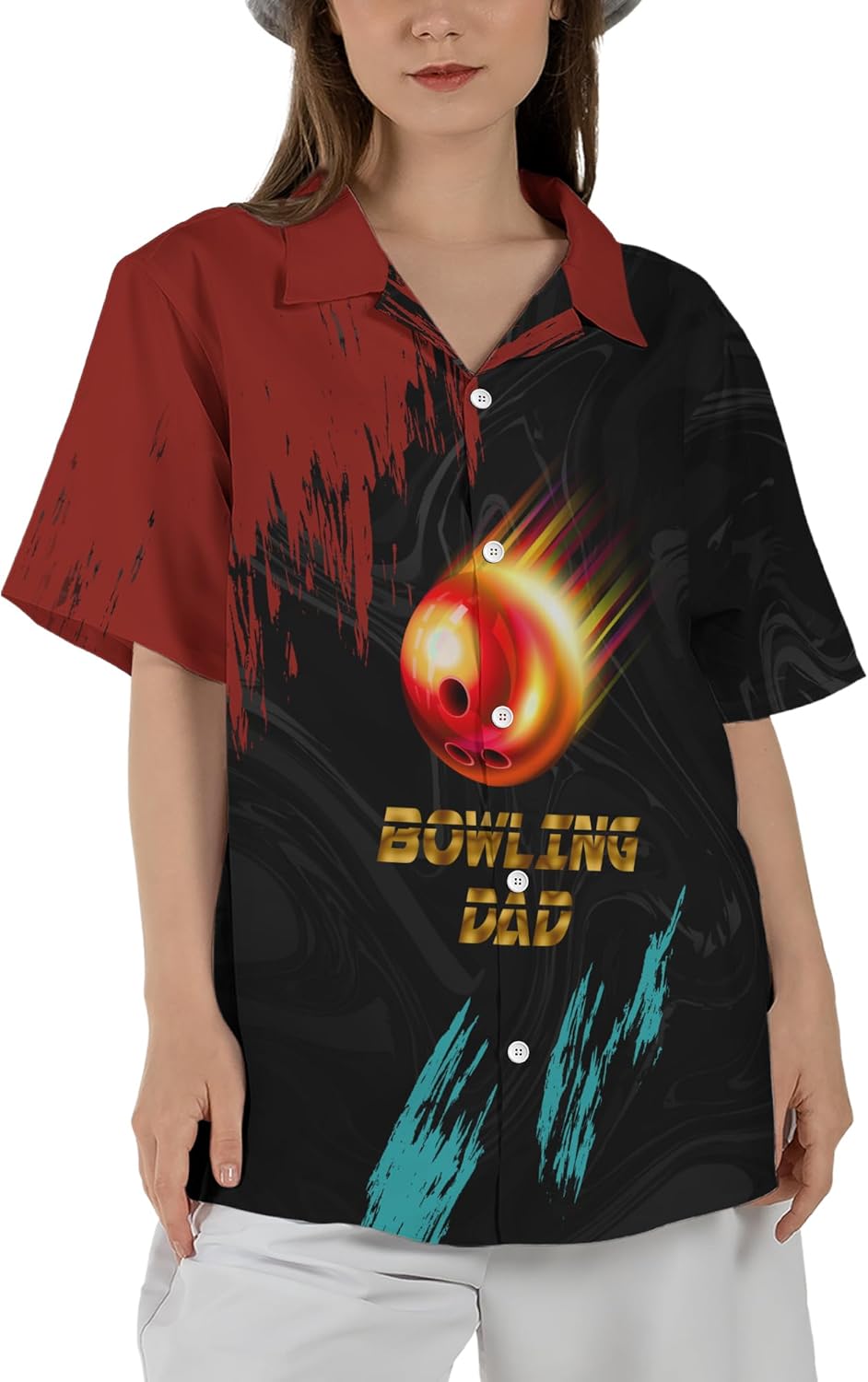 Customizable Bowling Lover Hawaii 3D Bowling Dad Button Up Shirt with Colorful Paint Smears Pattern Graphic On it for Bowler