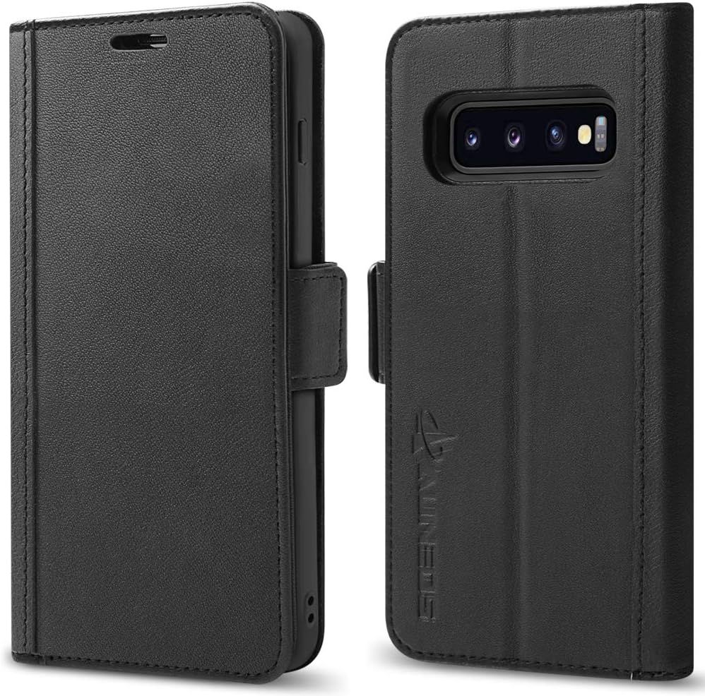 Galaxy S10 Plus Wallet Case [3D Full Cover] AUNEOS Premium Leather Case for Samsung Galaxy S10 Plus (6.4’’) [Genuine Leather] [Card Slot] Magnetic Folio Flip Case for S10+ (S10Plus(6.4''), Black)