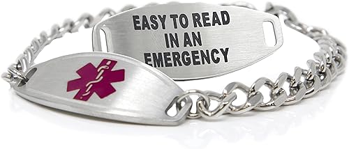 Miniatura 10 de Pulsera de Alerta Médica de Acero Inoxidable con Grabado Personalizado Gratuito y Tarjeta de Identificación, Cadena Barbada