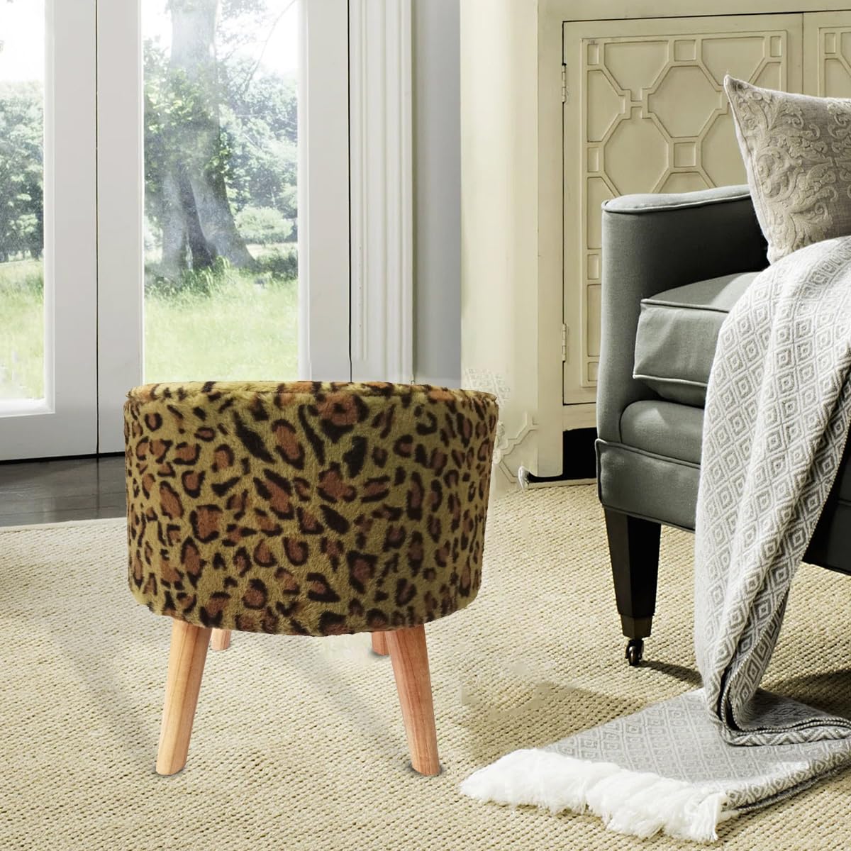 Waaqai Heavy Fancy Fur Wooden Pouf/Stool/Ottoman (Tiger Print)-image-36