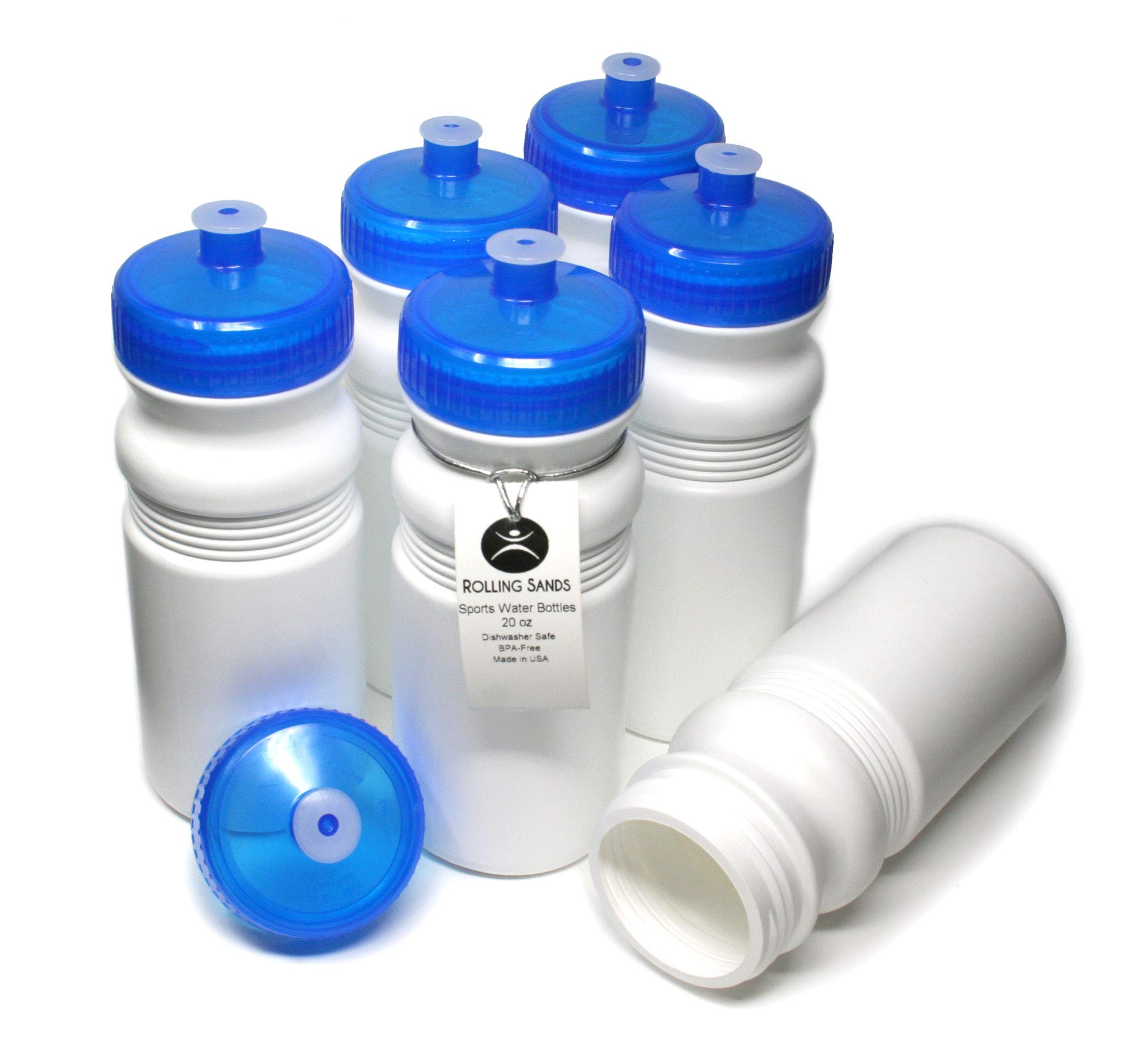 Rolling Sands USA Made 20 Ounce Sports Water Bottles - 6-Pack BPA-Free Blank Sports Bottles for Small Teams, Adults & Kids - White Bottle/Blue Lid, No