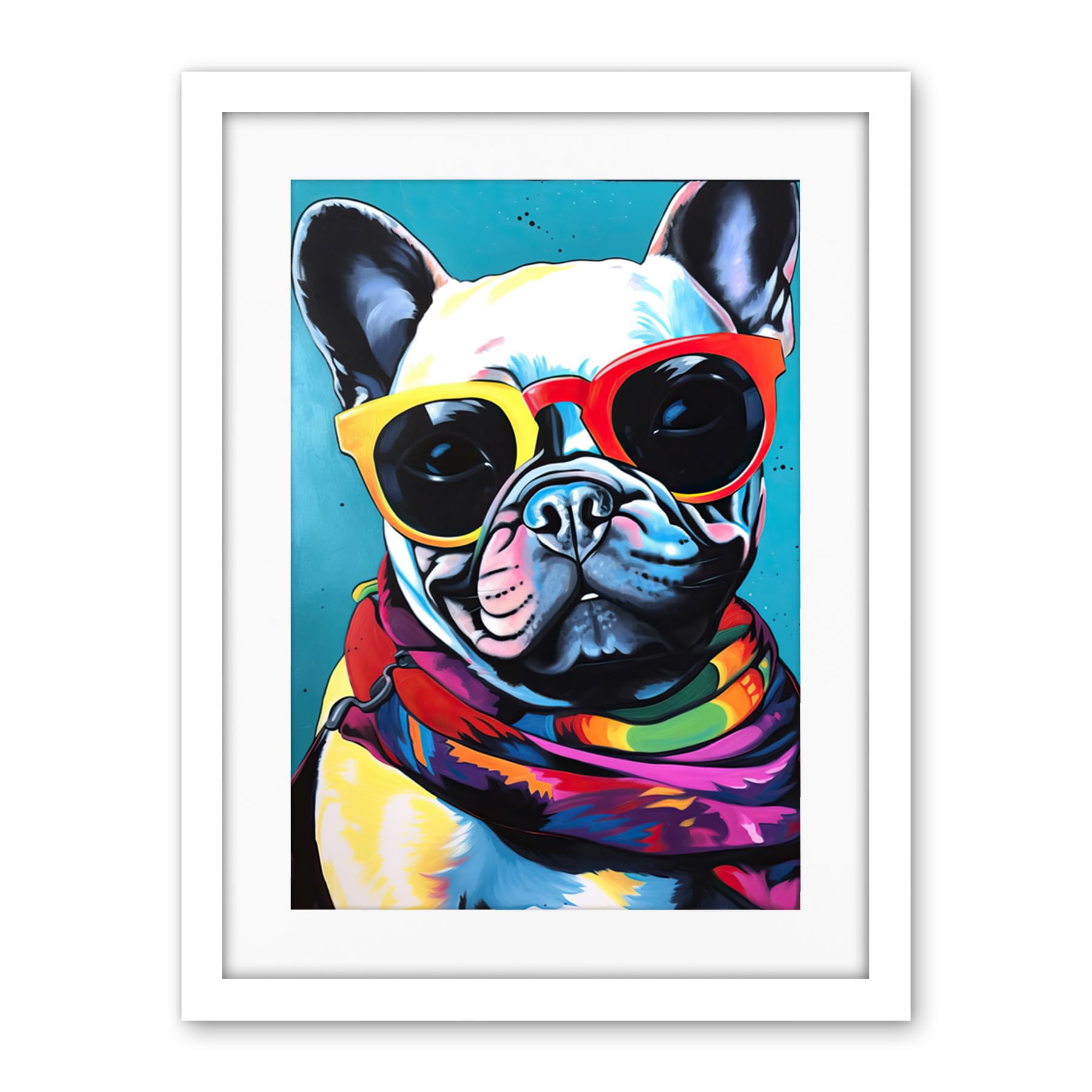 Artery8 French Bulldog in Sunglasses and Bandana Folk Art Artwork Framed Wall Art Print 18X24 Inch