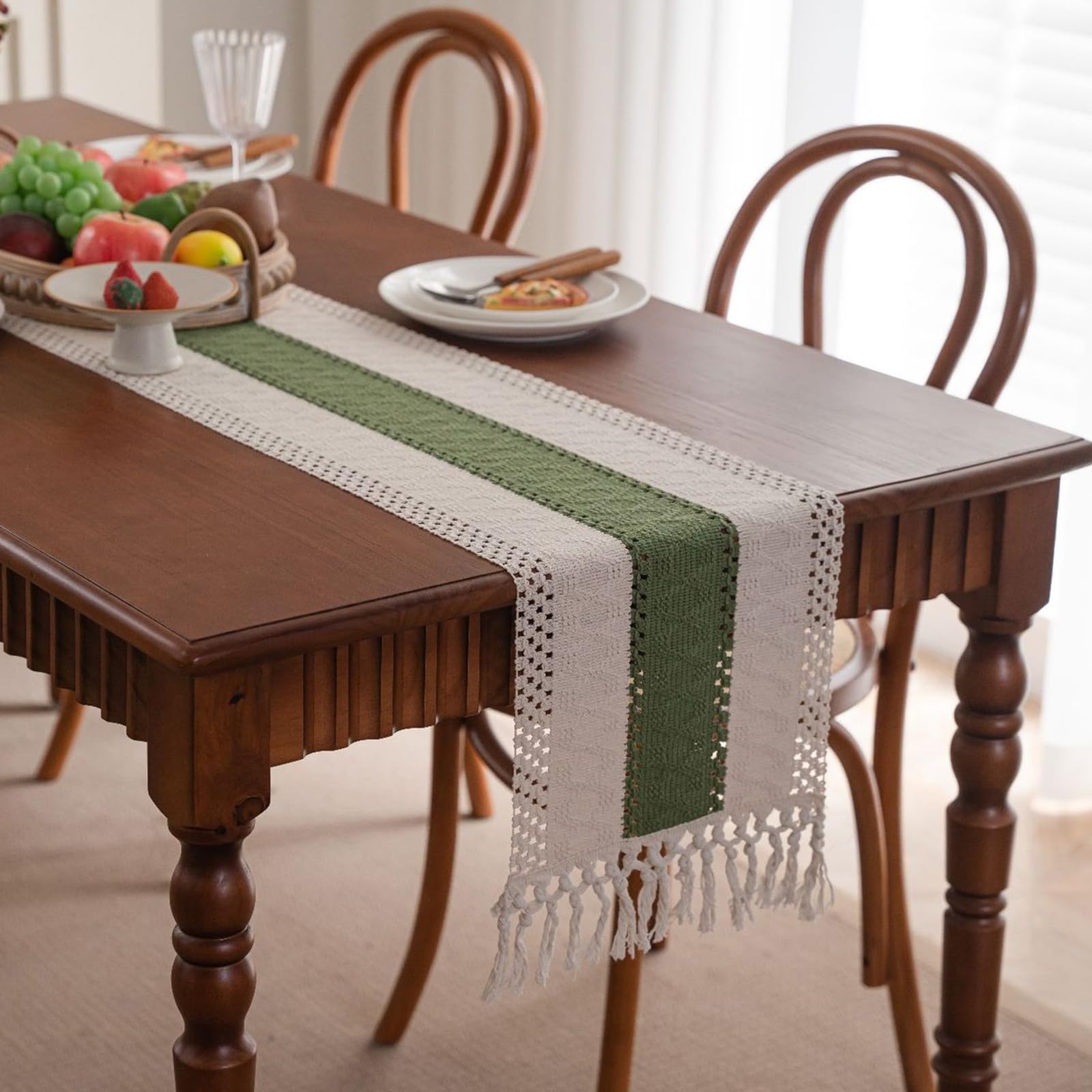 Tischläufer Polybaumwolle Modern, Tischläufer Wohnzimmer 33x220 cm, Zweifarbig Grüne Häkel mit Quasten