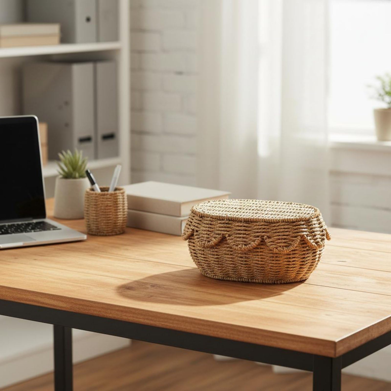 Baoblaze Cesta de Almacenamiento Tejida Caja Contenedor Organizador con Tapa de Cuerda de Papel Hecha a Mano Resistente y Ligera Adecuada para Escritorio, Grande 42x31x16cm