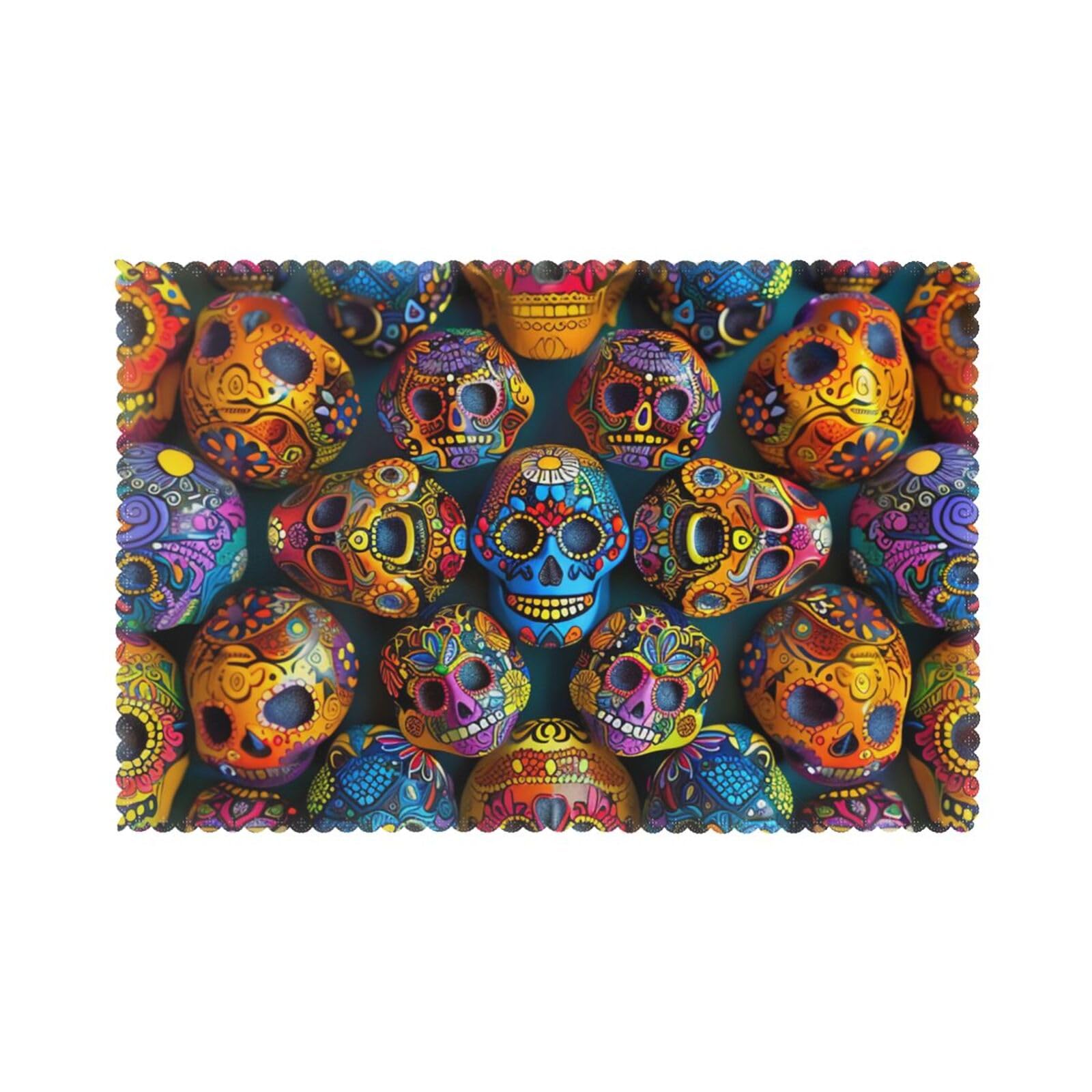 Colorful Sugar Skulls Printed Placemat Heat Resistant Place Mats Set of 6 PCS Washable Kitchen Table Mats, 12x18 Inch