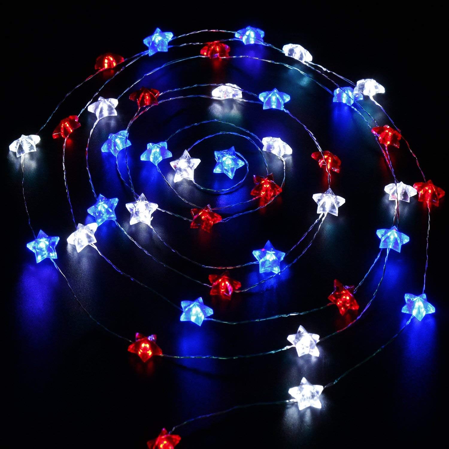 Impress Life Independence Day String Lights, USA American Stars Flag Lighting 4th Jul. Red White Blue 10ft 40 LEDs with Remote, Powered by Battery & USB, Patriotic Decor Memorial Day Presidents Day
