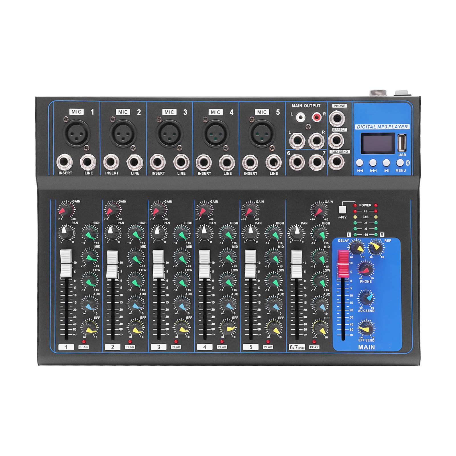 2/7/8 Channel Studio Audio Mixer DJ Sound Controller Interface W/USB Drive for PC Recording Input Bluetooth USB Digital Sound Mixing Console Board Suitable for Stage and Karaoke (7Channel)