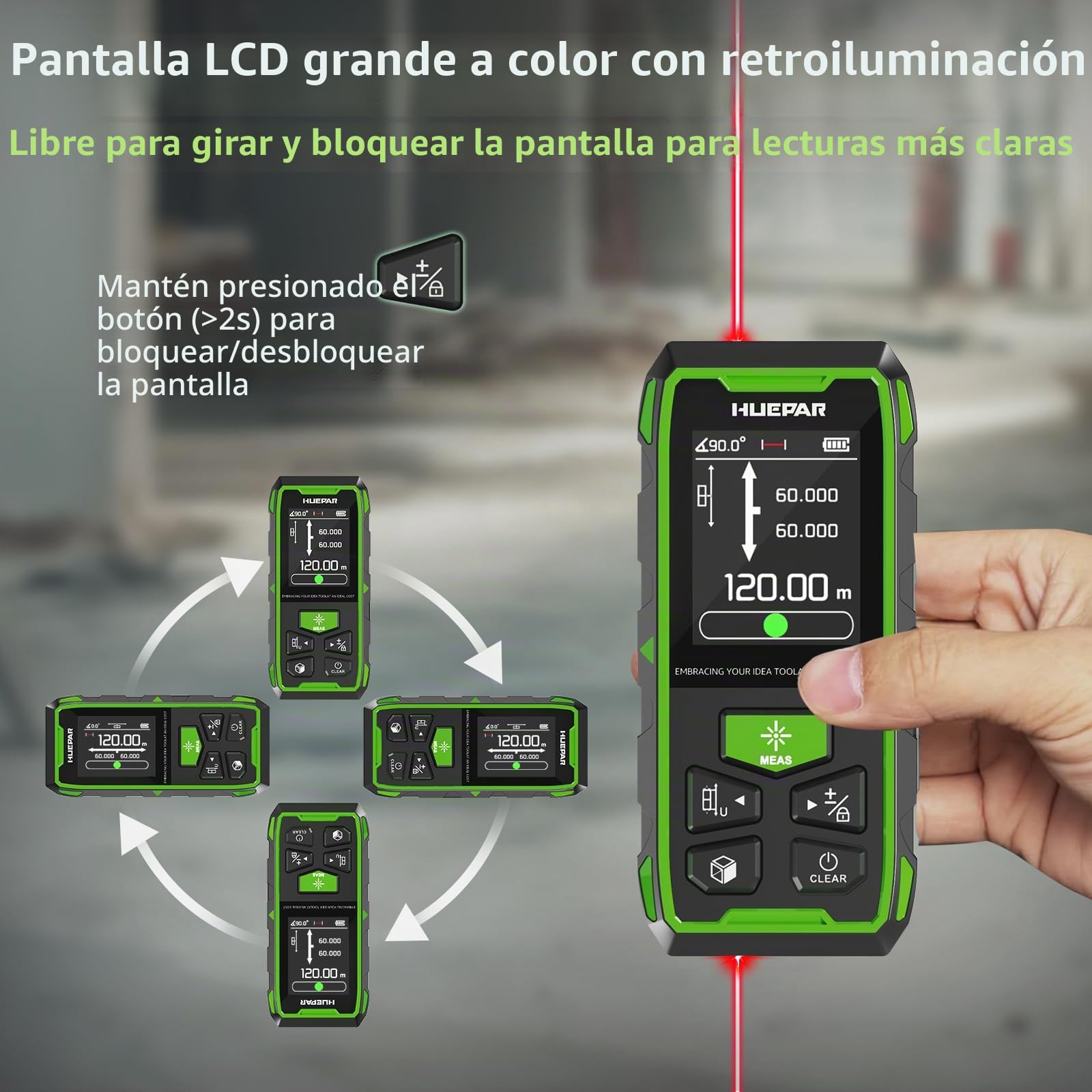 Telémetro Láser Bilateral, Huepar 120M Dispositivo de Medición con Láser Rojo, LCD retroiluminado, medición de Distancia, Superficie y Volumen y Modo pitagórico
