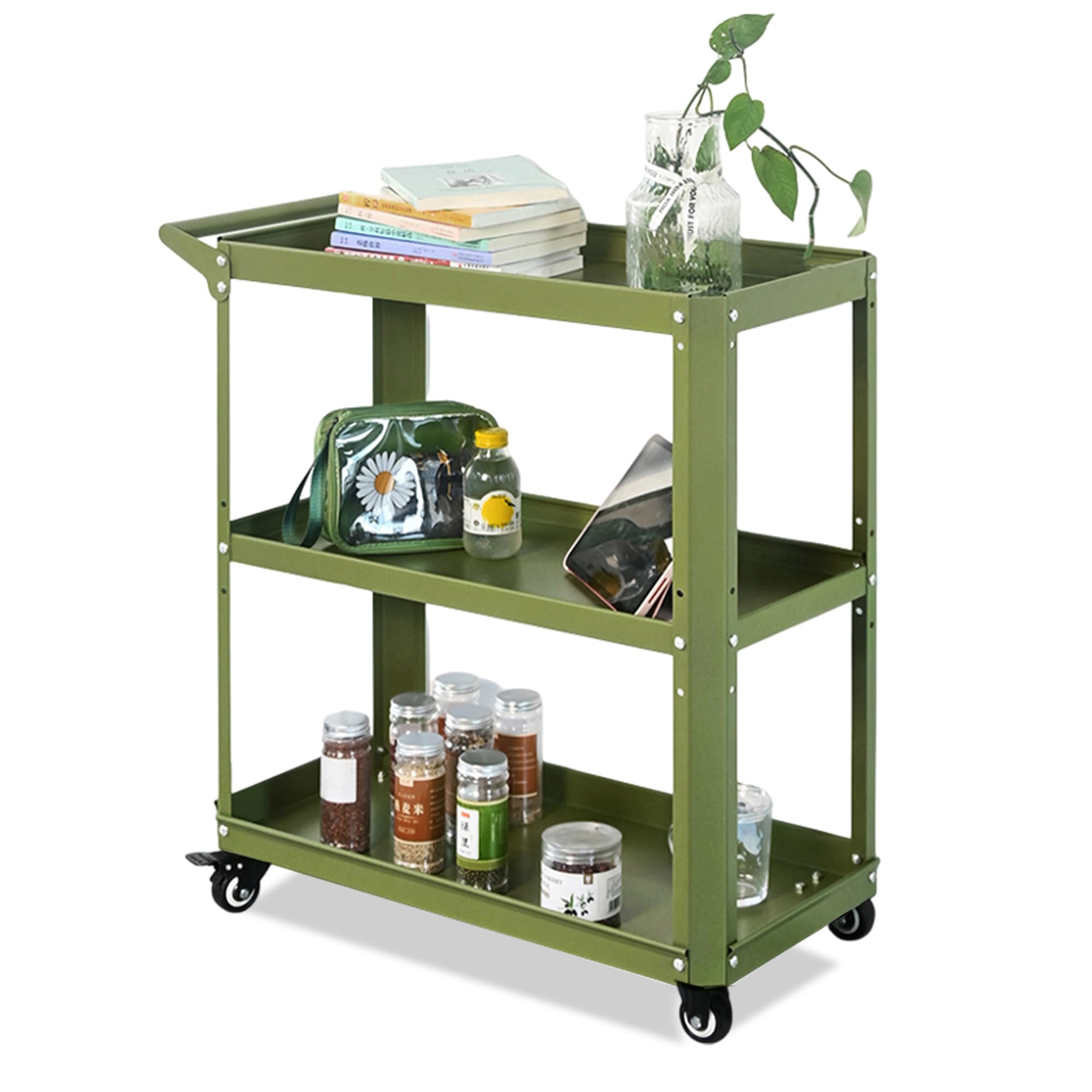 3 tier rolling tool cart with lockable silent wheels, 330 lbs capacity, metal service cart for home, garage, warehouse, workshop