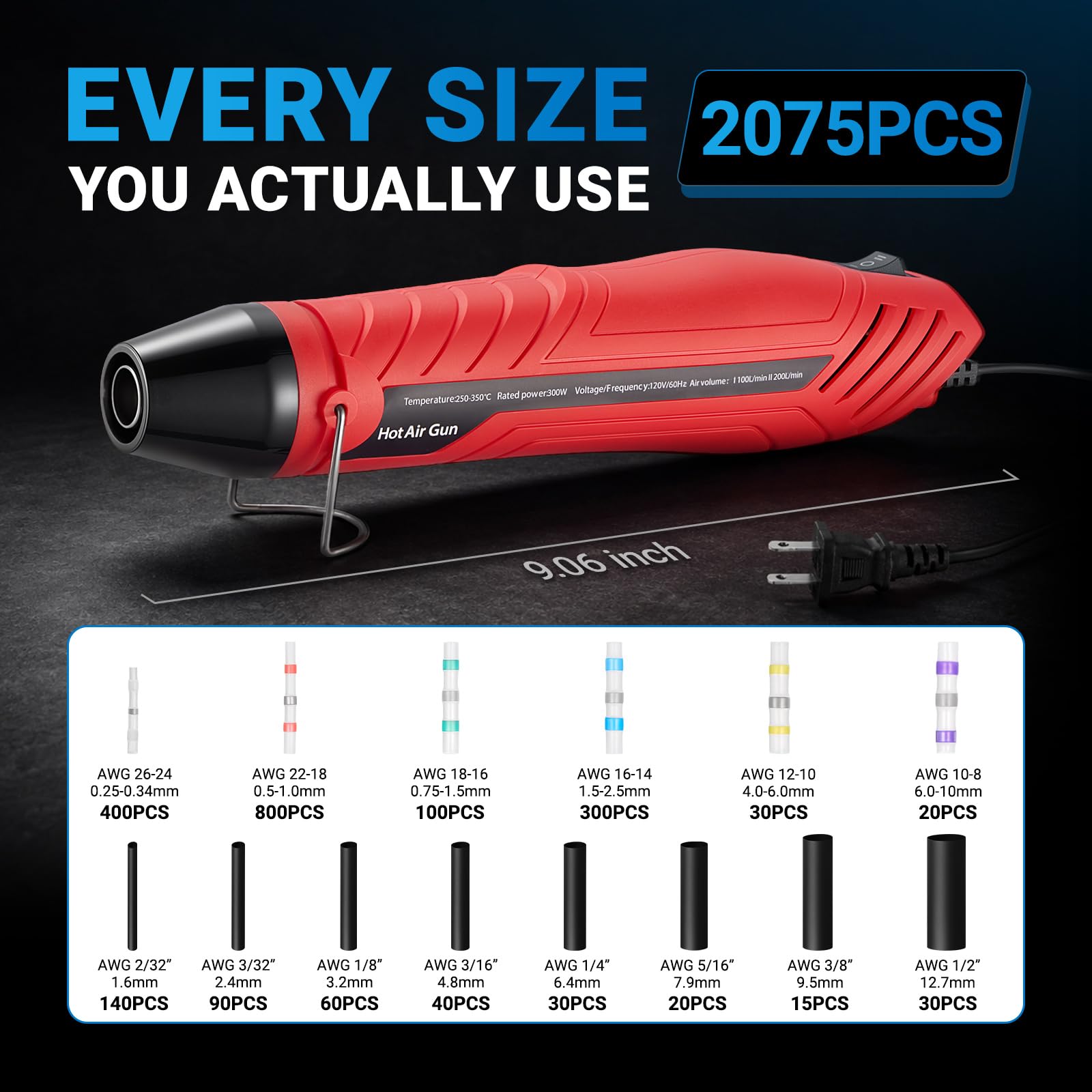 2075 conectores de alambre de sellado de soldadura con kit de pistola de calor, pelacables 3 en 1, impermeable, grado marino, termorretráctil, surtido de terminales eléctricos para reparación