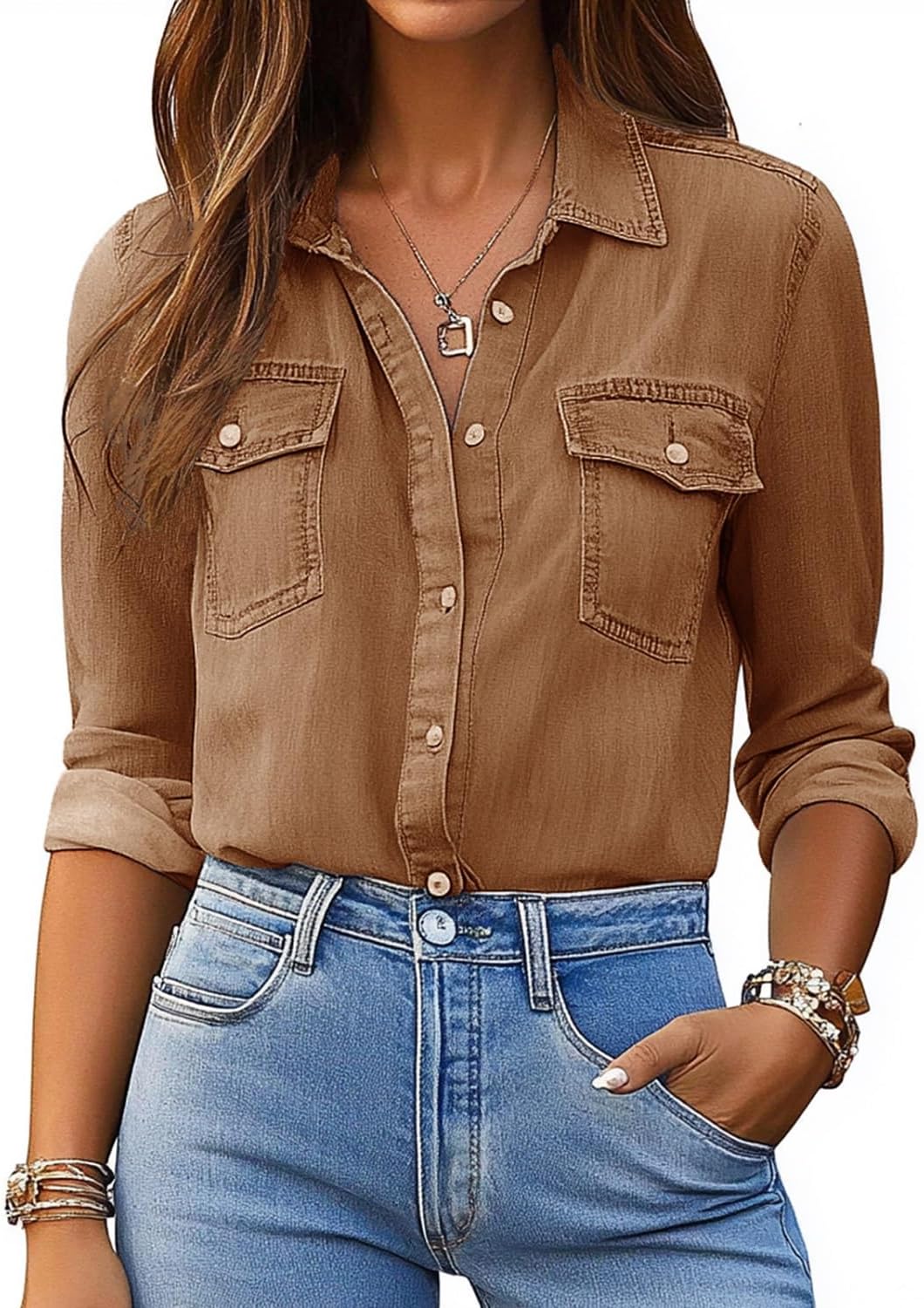 Denim Shirt Women Chambray Jean Western Shirts Long Sleeve Button Down Tops