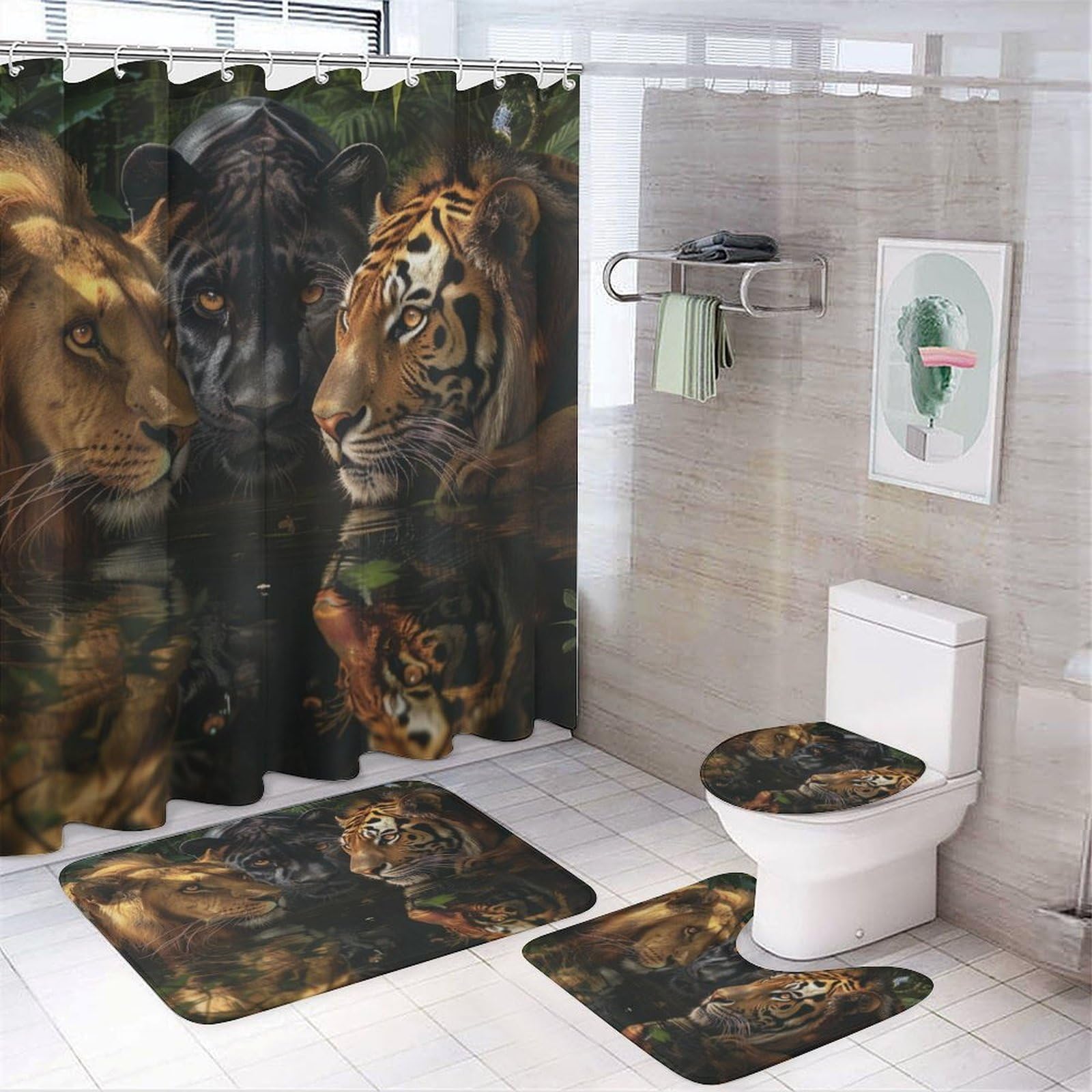 TOWINSFB 4Pcs Forest Tiger Lion Shower Curtain, Powerful Wildlife Jungle Animal Shower Curtain Sets with Toilet Lid Cover, U-Shaped Mat and Non-Slip