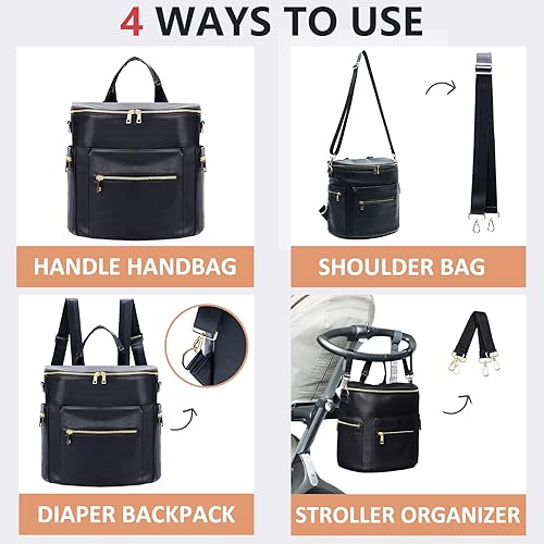 Miniatura 5 de MF Store - Bolsa de pañales, mochila de cuero para pañales con funda para laptop, cambiador, bolsa de toallitas, correas para cochecito y bolsillos