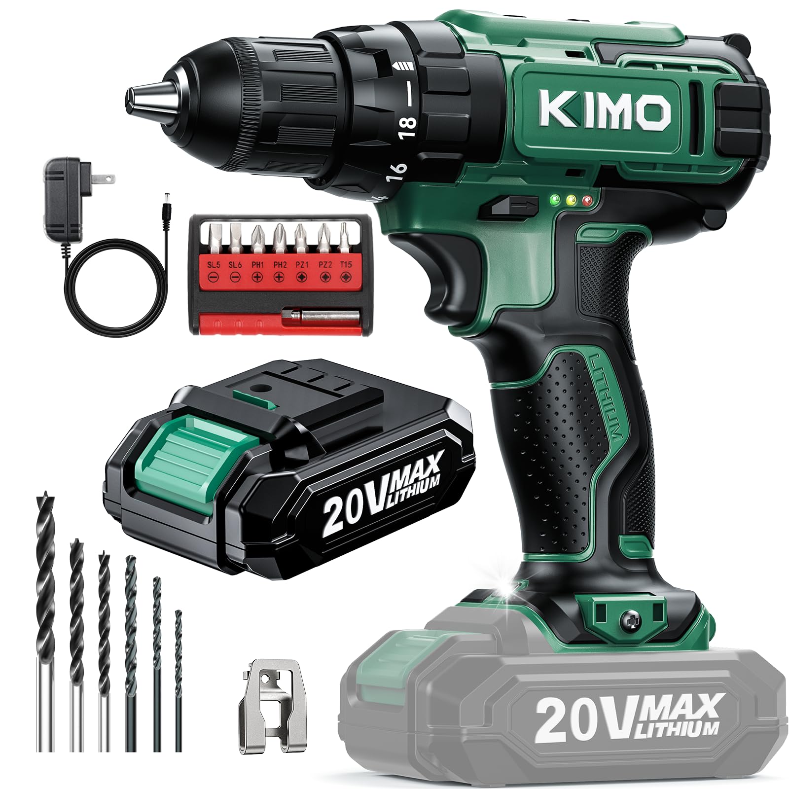 KIMO 20V Cordless Drill Set with 2.0Ah Battery, Max 350 In-lb Torque, 1350 RPM, 3/8" Keyless Chuck, 18+2 Clutch Setting, 18pcs Accessories, Power Drills for Drilling Wood Bricks Walls Metal