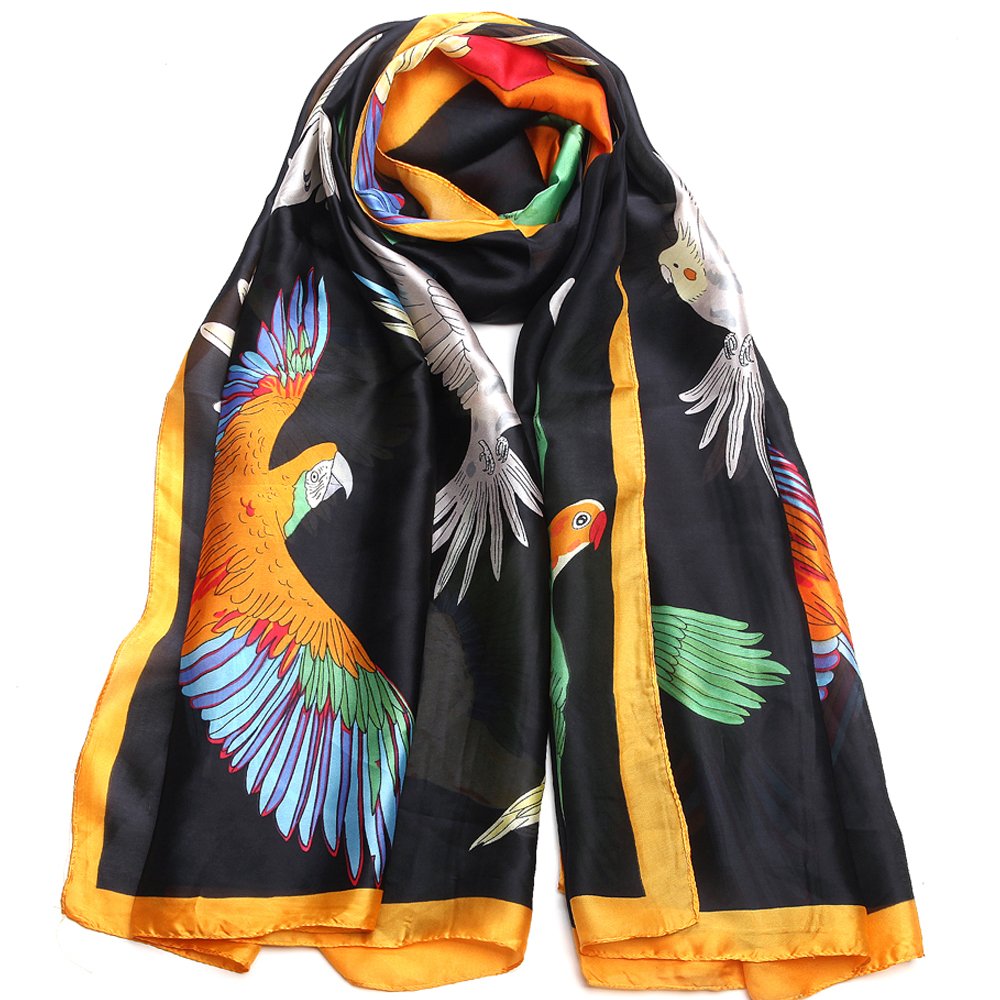 Silk Like Scarf Large Satin Hair Scarves Fashion Parrot Wraps Neck Scarfs for Women Black