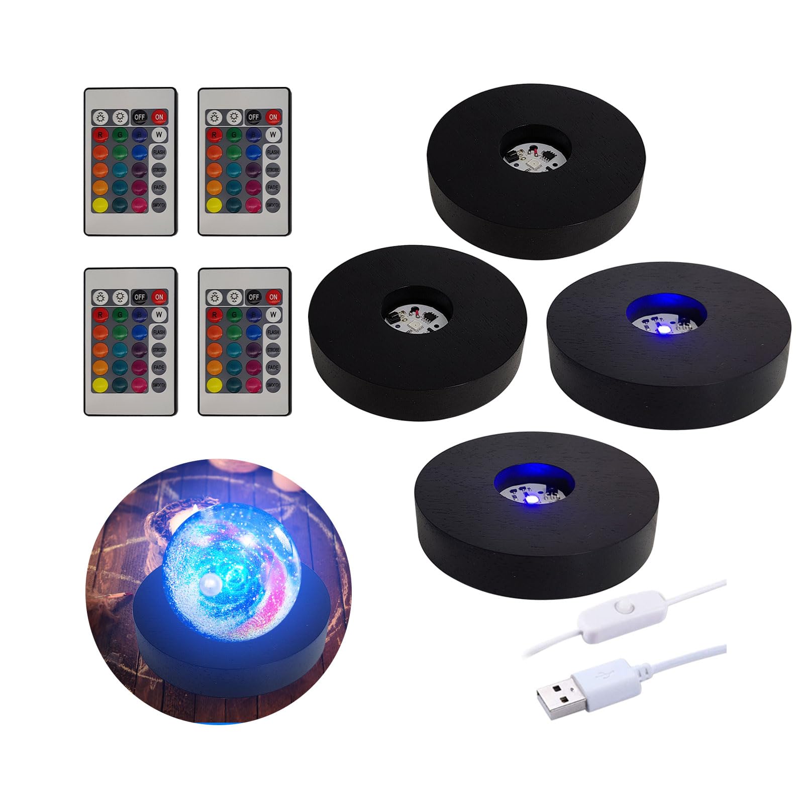 luolety Wooden LED Light Base Display Base, USB Wood Light Display Base Crystal Glass Light Base Stand for 3D Crystal Glass Resin Art (Black-Multicolor Light,4pcs)
