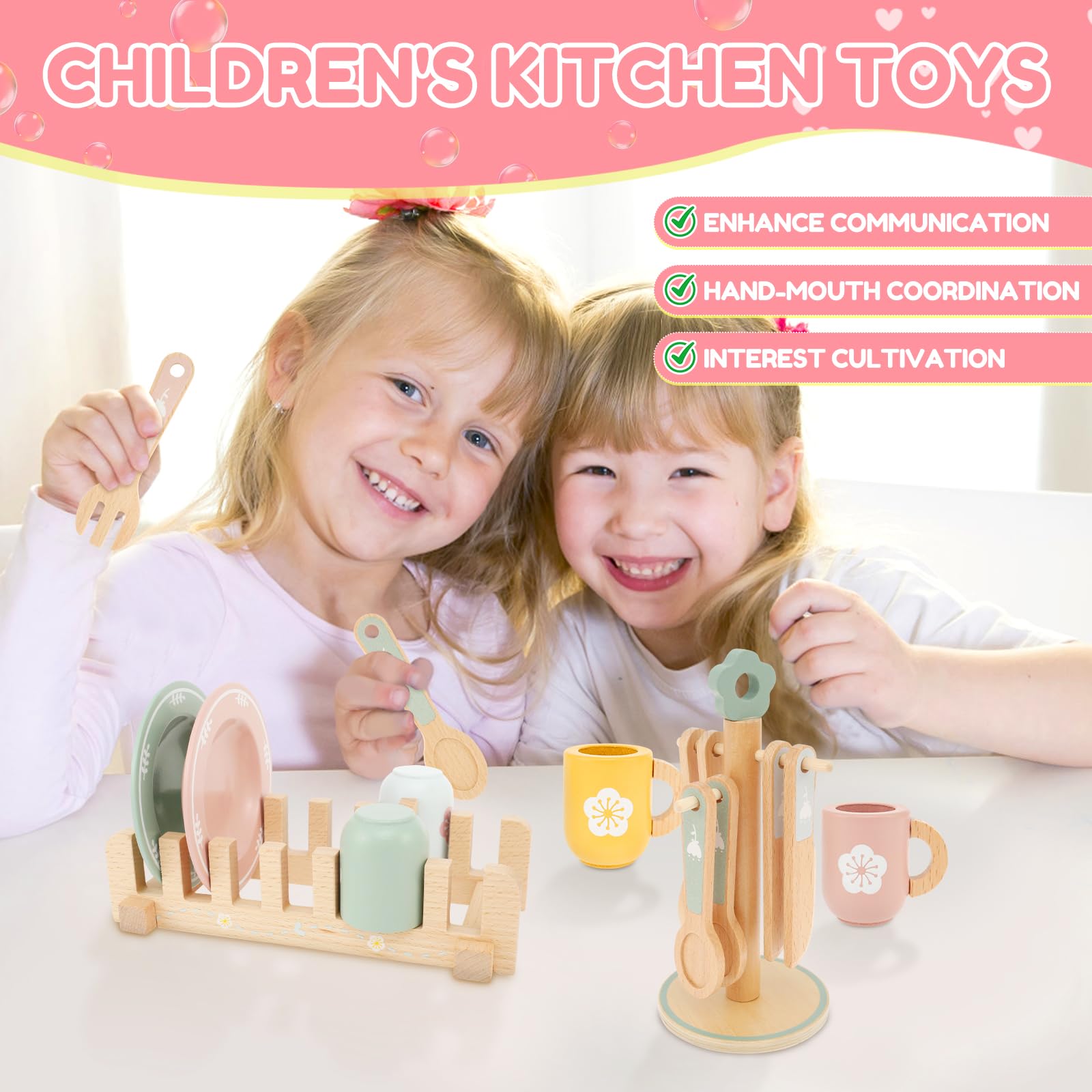 Set Stoviglie Cucina Bambini, Giochi Cucina Legno, Pentole E Piastra, 4 Piatti, 4 Tazze, 4 Coltelli, 4 Forchette, 4 Cucchiai, Supporto, Adatto A Ragazzi E Ragazze, Età 3/4/5 Anni