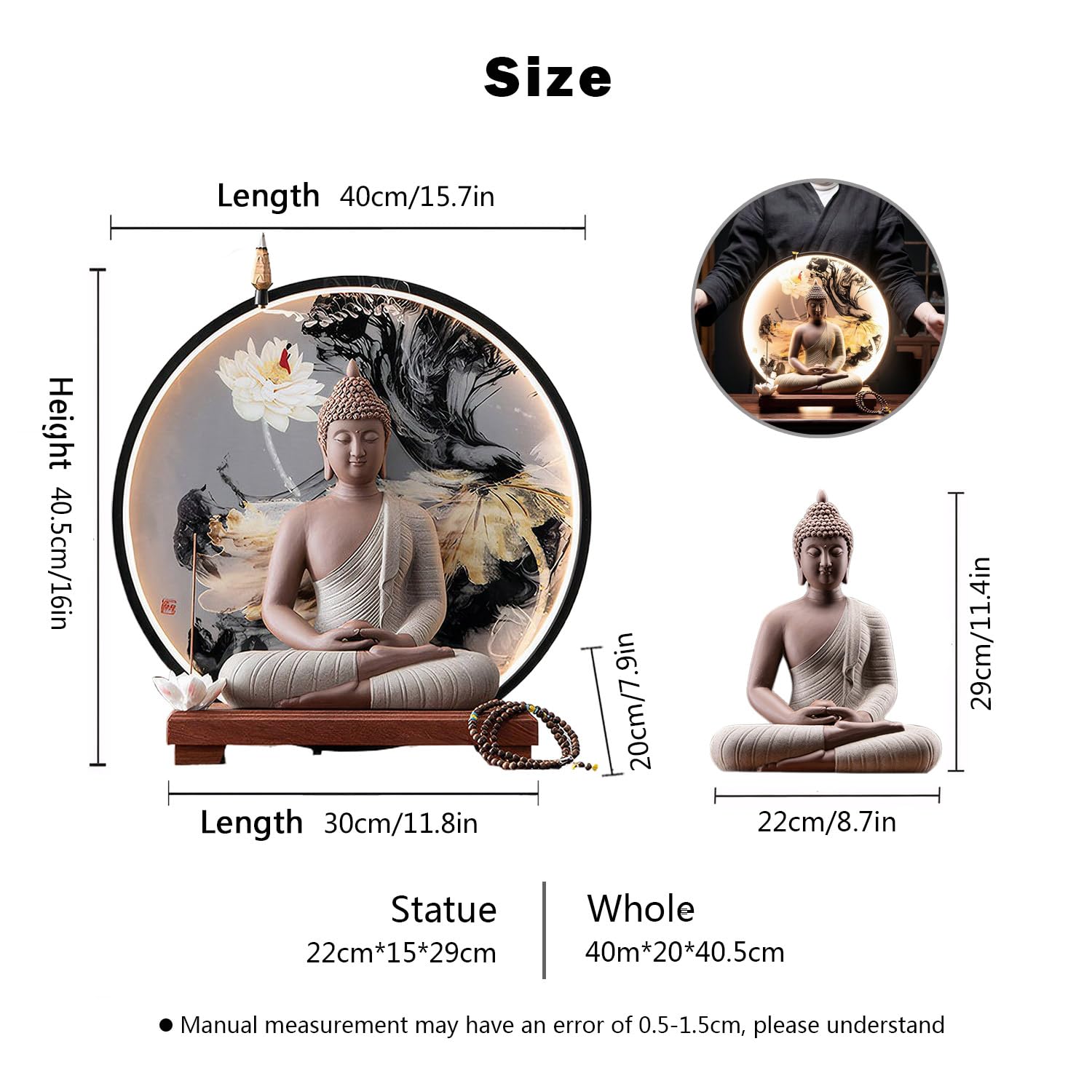 Sculpture of Shakyamuni Buddha Statue with Backflow Incense Burner, Tathagata Buddha Figurine Meditation Ornament of Enlightened One, Lotus Incense Holder, LED Light Ring... - Image 7