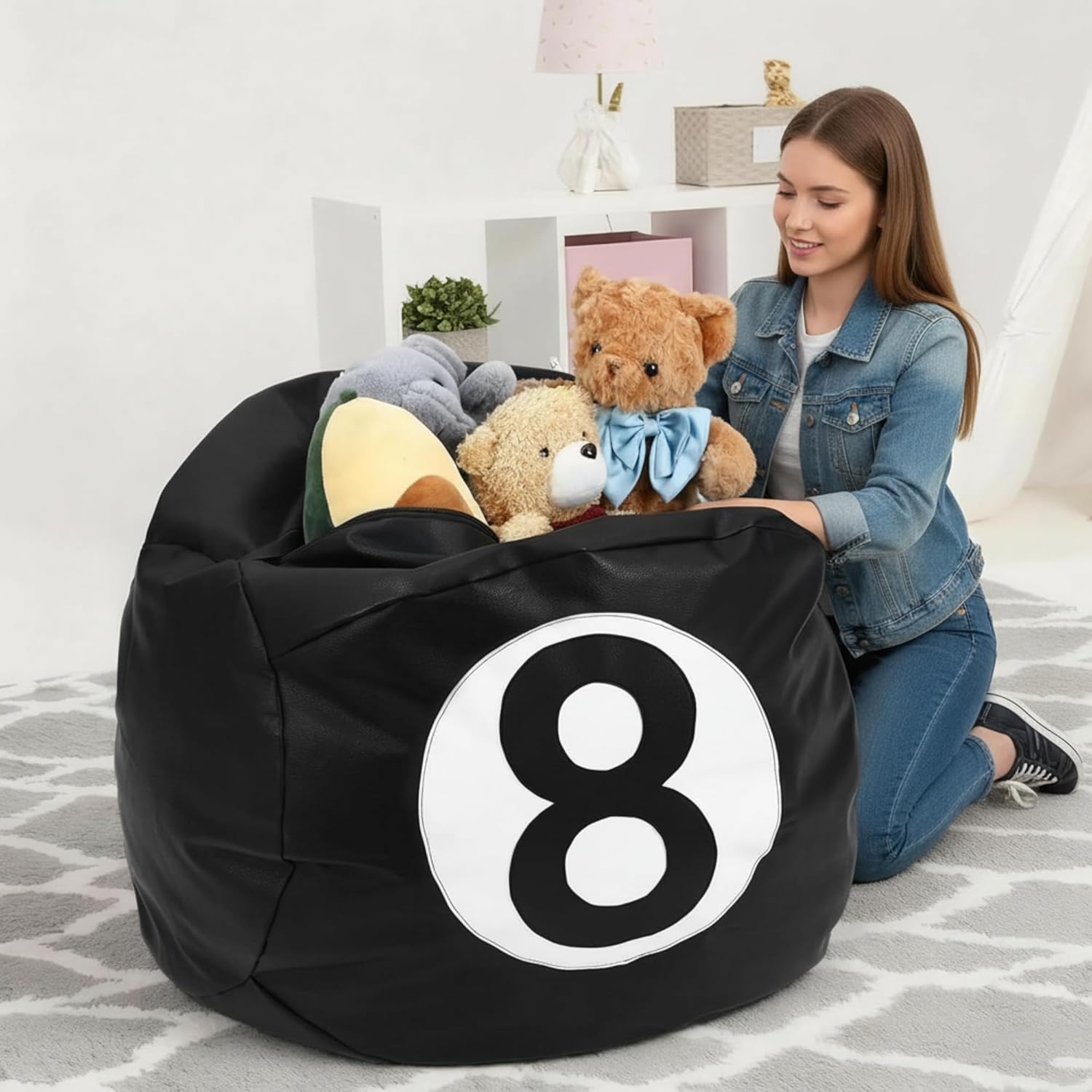 8 Ball Bean Bag Chair Cover Black 8 Ball Stuffed Leather Bean Bag Storage for Animal Organizing Plush Toys, Plush Toys Organizer PU Leather Black 8 Billiard Decor for Living Room (No Filling)