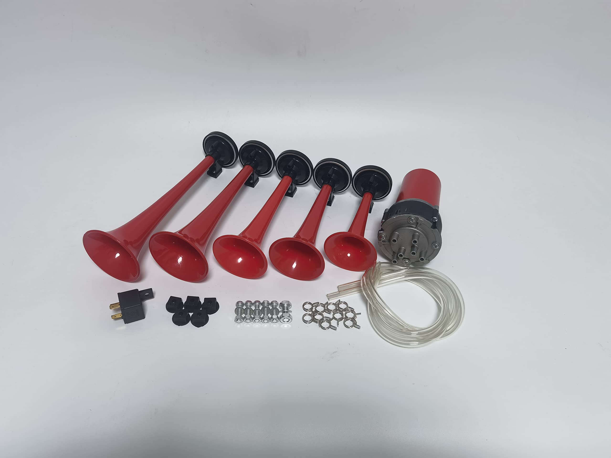 Clacson per auto Clacson Car Horn 12V Clacson per nave Tromba a cinque tubi Dixie 160db Tromba d'aria rossa Tromba per camion con altoparlante della pompa dell'aria per 12V auto camion SUV ecc